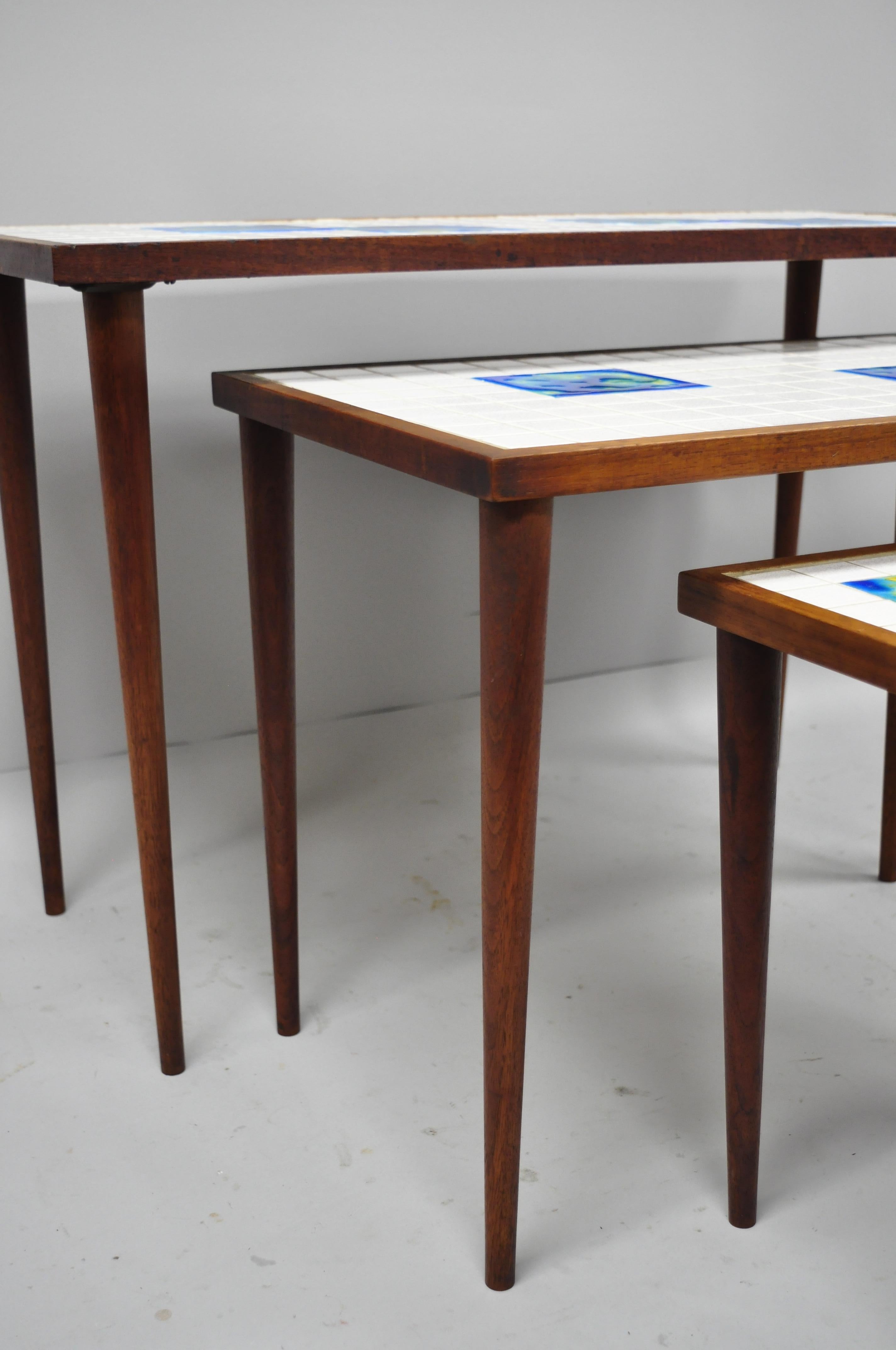 3 Mid-Century Modern Nesting Tile Top Side Tables, Blue Green Tiles, Danish Teak 4