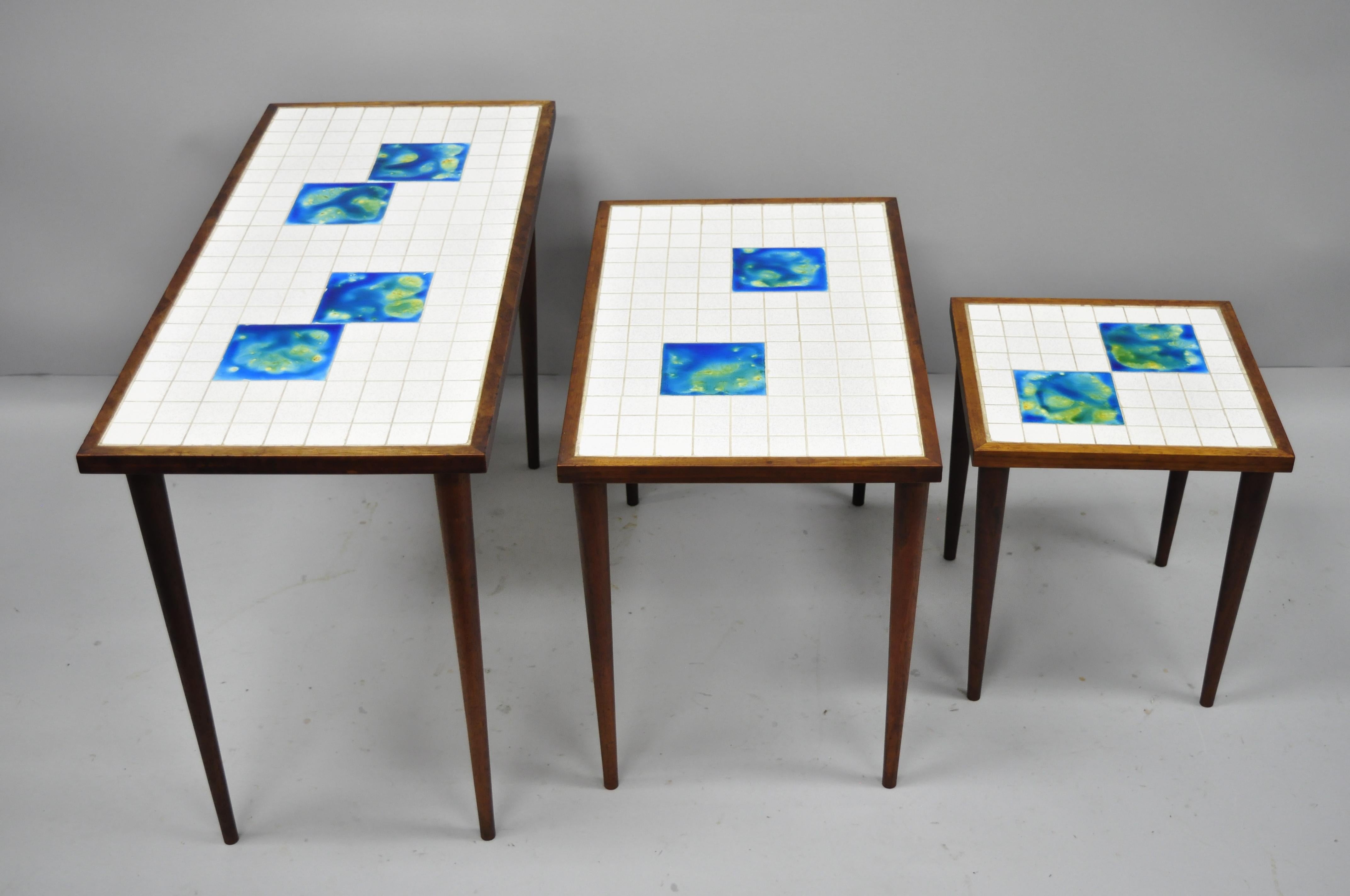 3 Mid-Century Modern Nesting Tile Top Side Tables, Blue Green Tiles, Danish Teak 5