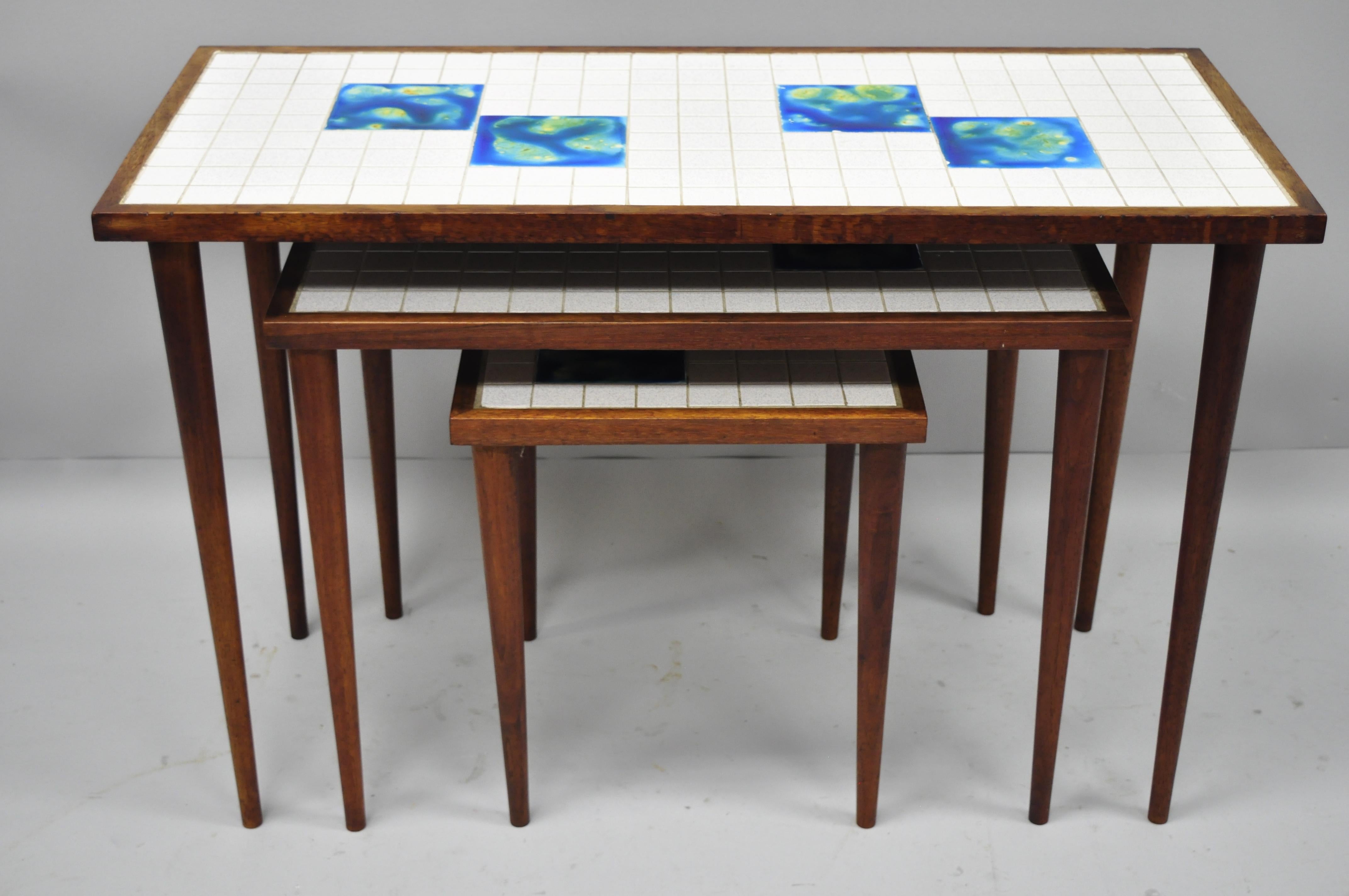 3 Mid-Century Modern Nesting Tile Top Side Tables, Blue Green Tiles, Danish Teak In Good Condition In Philadelphia, PA