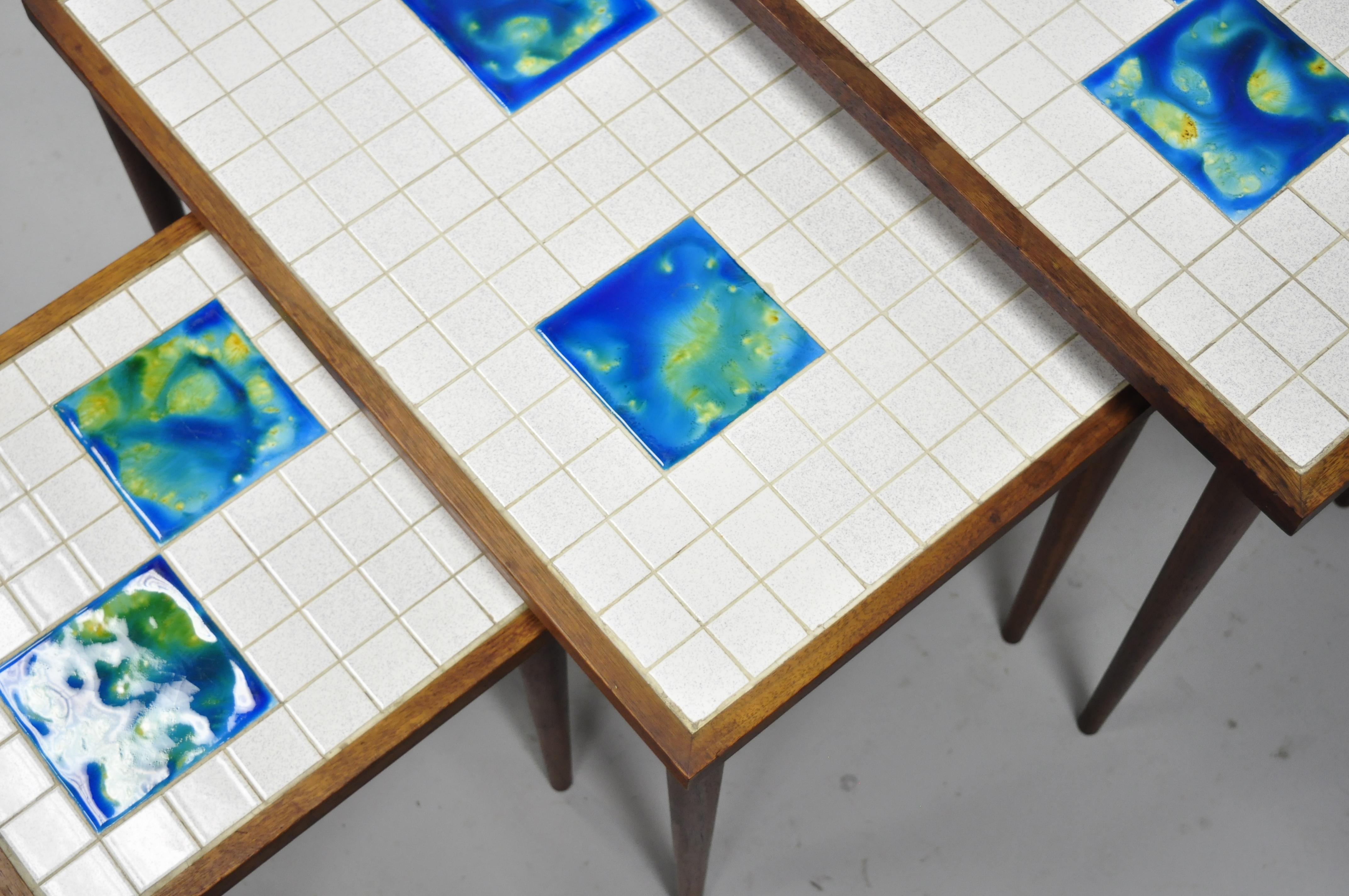 20th Century 3 Mid-Century Modern Nesting Tile Top Side Tables, Blue Green Tiles, Danish Teak