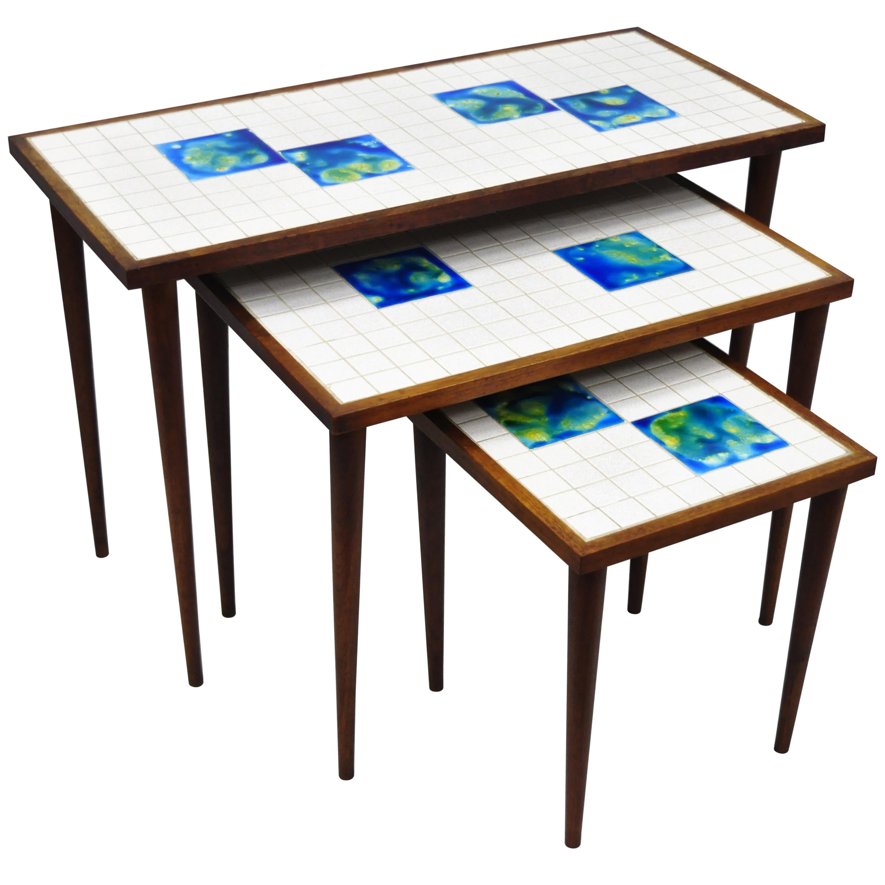 3 Mid-Century Modern Nesting Tile Top Side Tables, Blue Green Tiles, Danish Teak