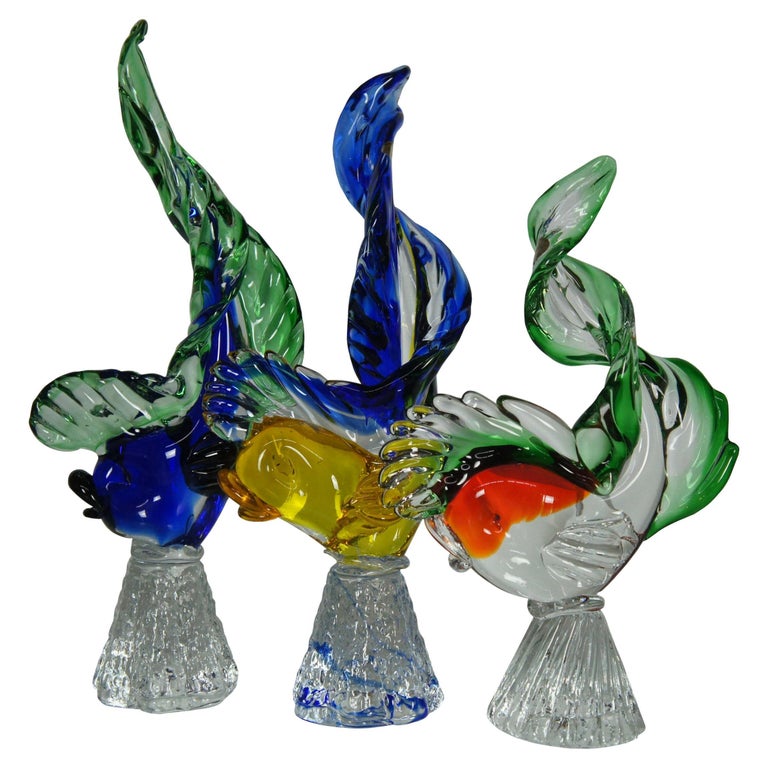 3 Mid Century Murano Sommerso Italian Art Glass Fish Figurines Sculpture MCM For Sale