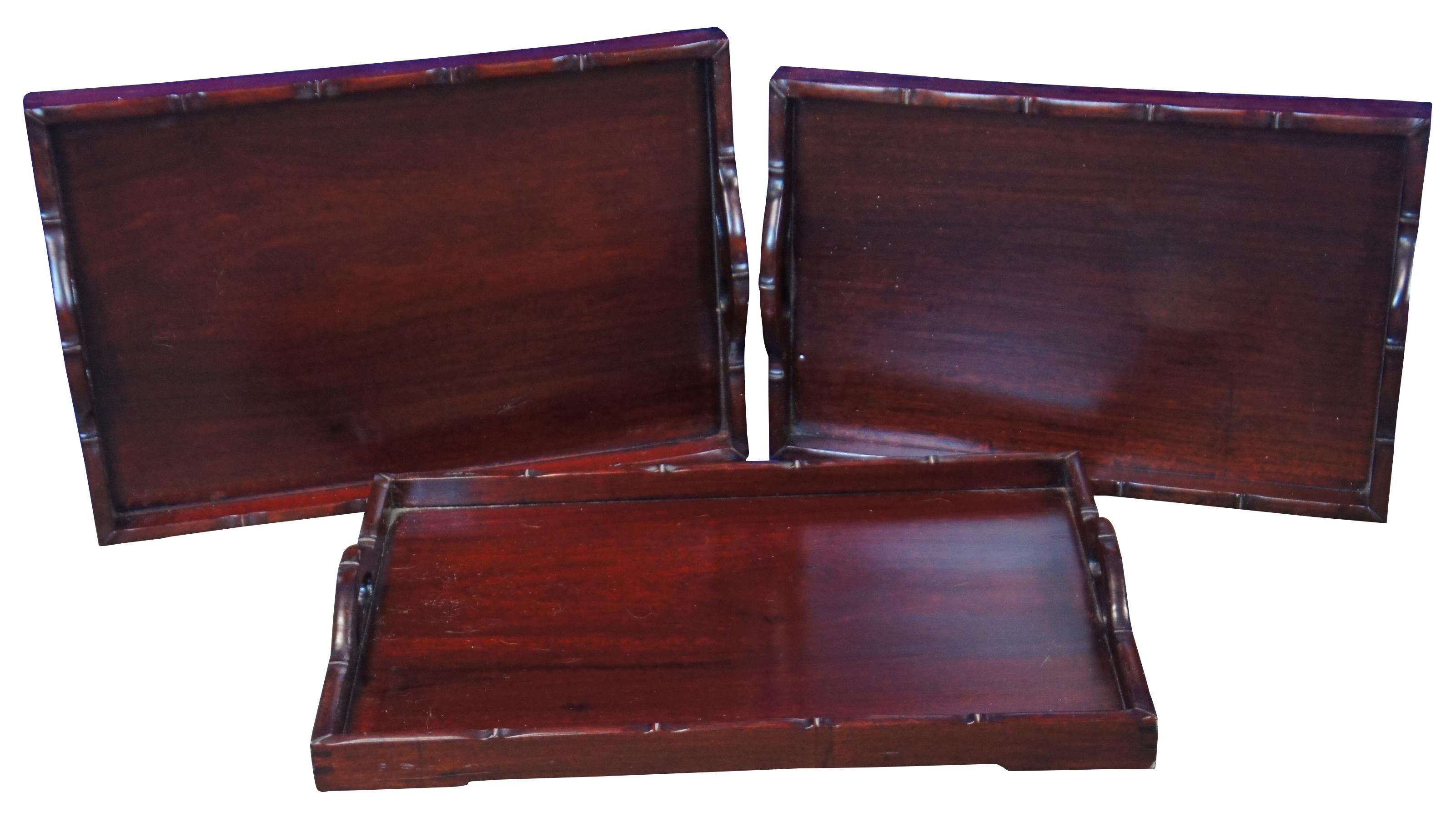 Mid-Century Modern 3 Mid Century Rosewood Faux Bamboo Graduated Nesting Serving Bar Tray