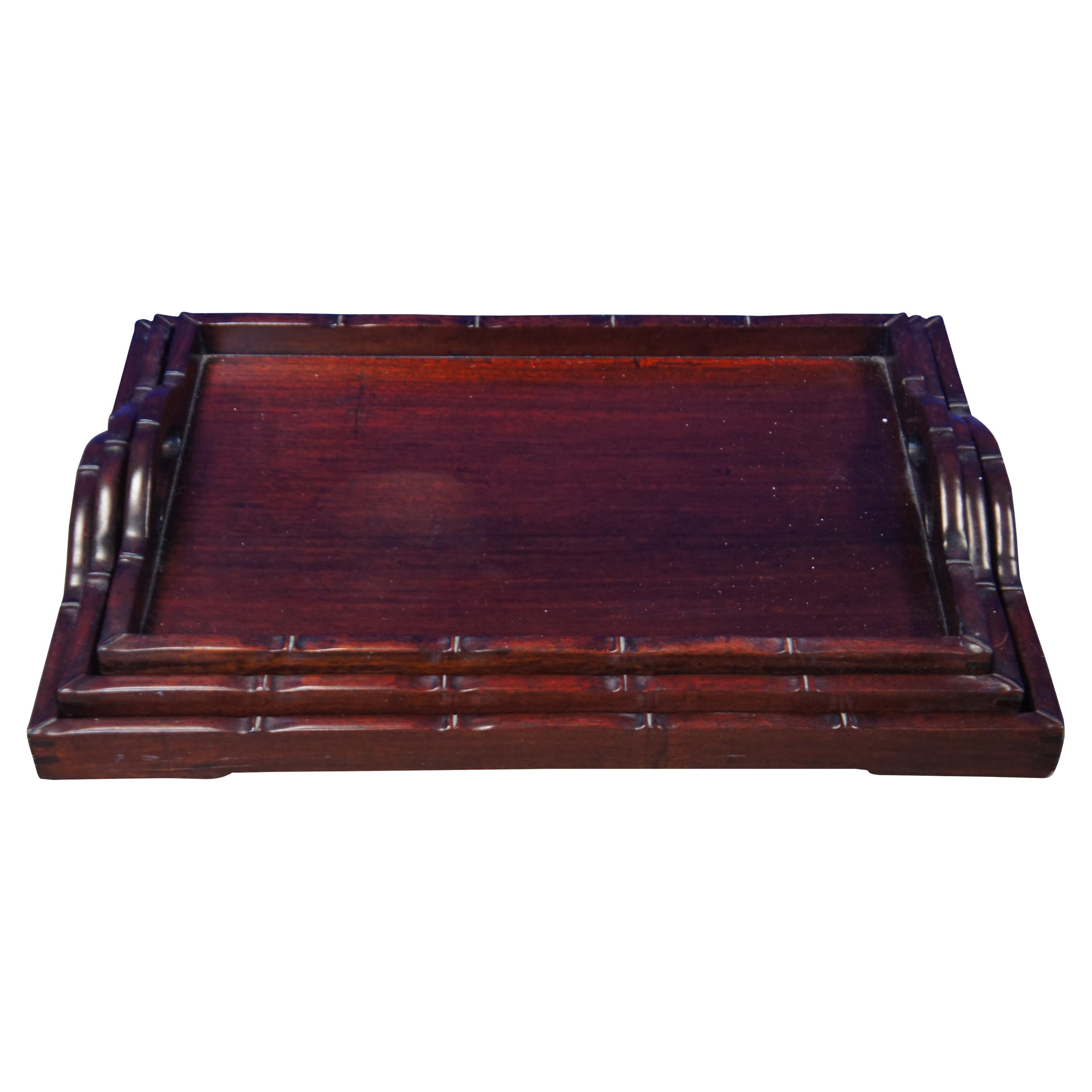 3 Mid Century Rosewood Faux Bamboo Graduated Nesting Serving Bar Tray