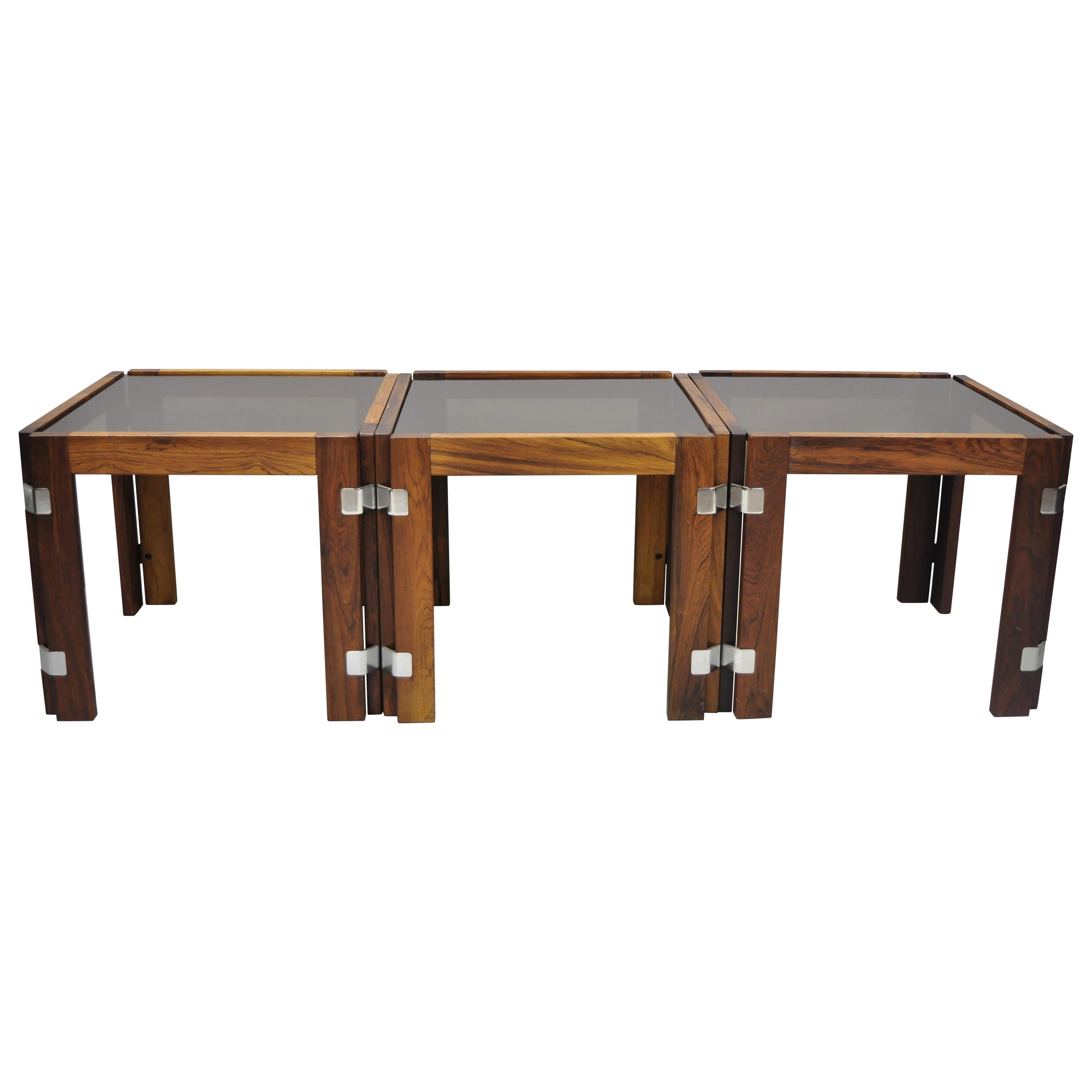 3 Midcentury Danish Modern Rosewood & Smoked Glass Side Tables by Interior Form