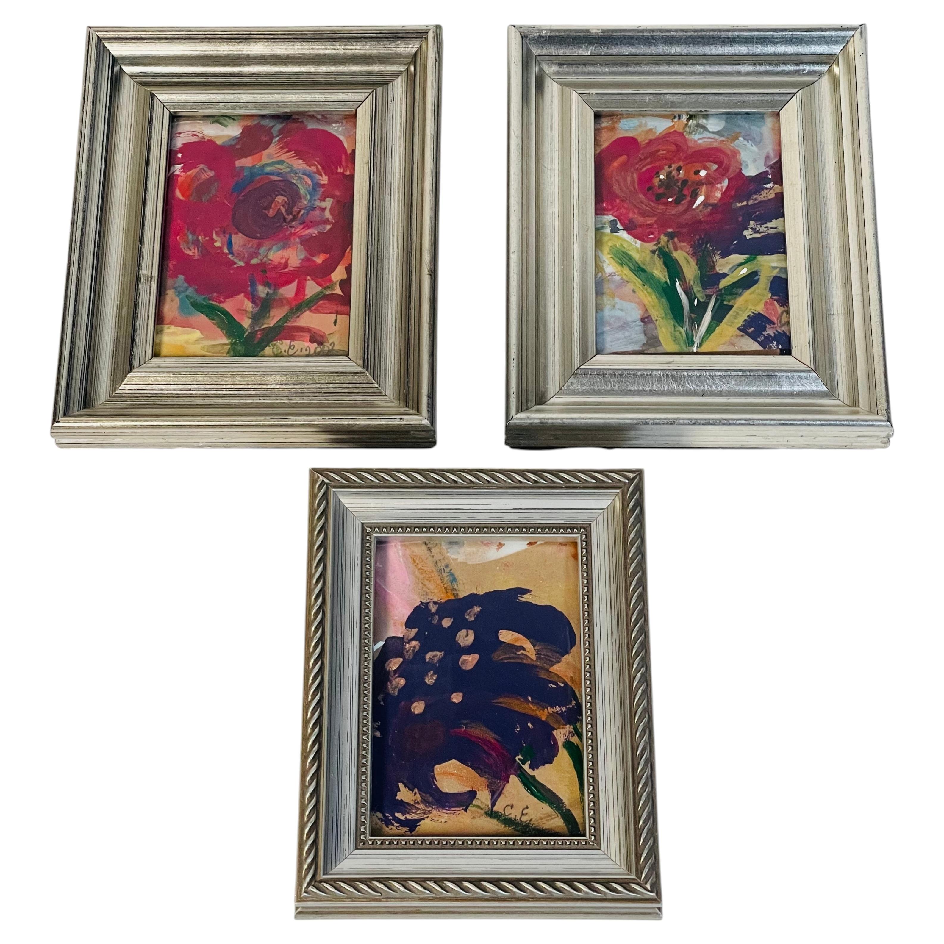 3 Mini Contemporary Abstract Floral Paintings in Silver Tone Frames For Sale
