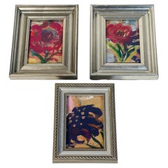 3 Mini Contemporary Abstract Floral Paintings in silberfarbenen Rahmen
