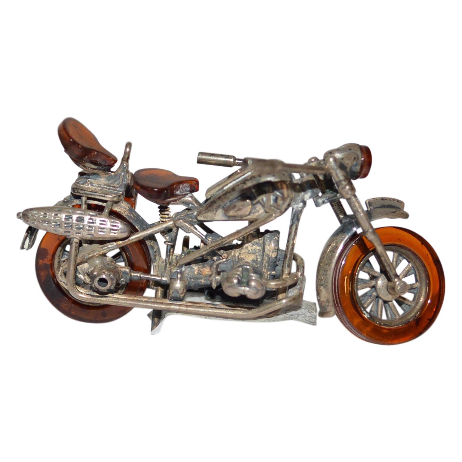Mid-Century Modern Set Of 3 Miniature Amber And Silver Harley Davidson Style Motor Bikes For Sale