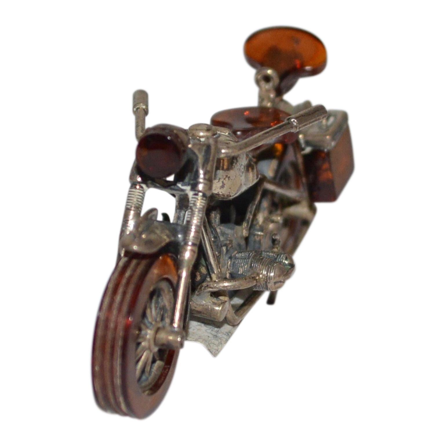 Danish Set Of 3 Miniature Amber And Silver Harley Davidson Style Motor Bikes For Sale