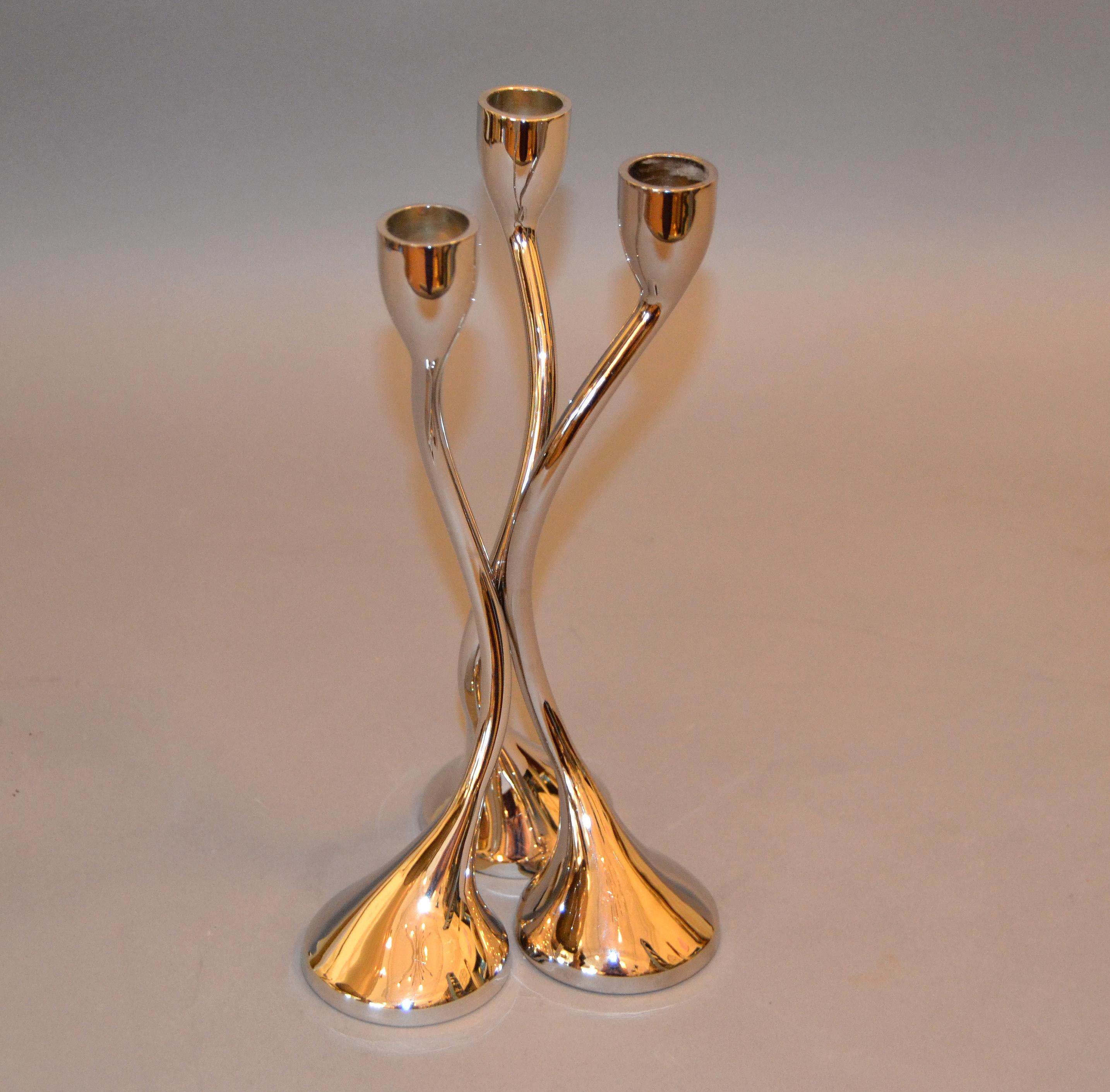 3 Modern Silver Chrome Taper Candlestick Holders Intertwined 3