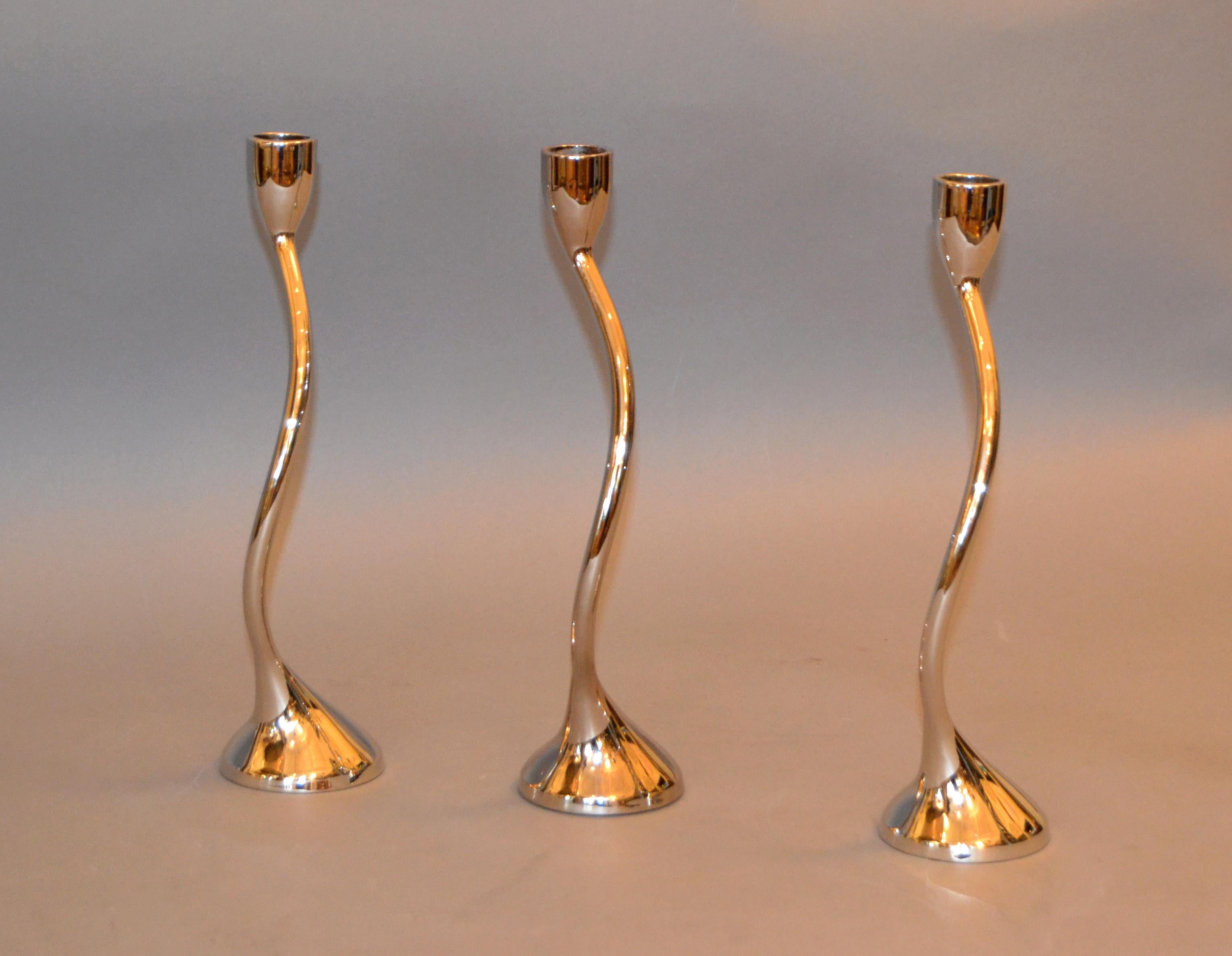 20th Century 3 Modern Silver Chrome Taper Candlestick Holders Intertwined