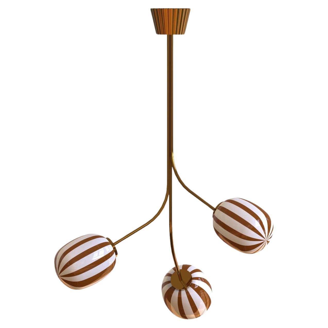3 Module Brown and White Bullseye Chandelier with Hand-blown Glass and Brass For Sale