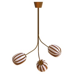 3 Module Brown and White Bullseye Chandelier with Hand-blown Glass and Brass
