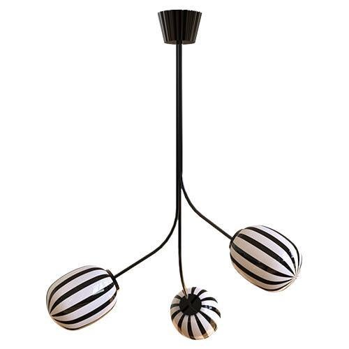 3 Module Bullseye Chandelier with Hand-blown Glass and Brass For Sale