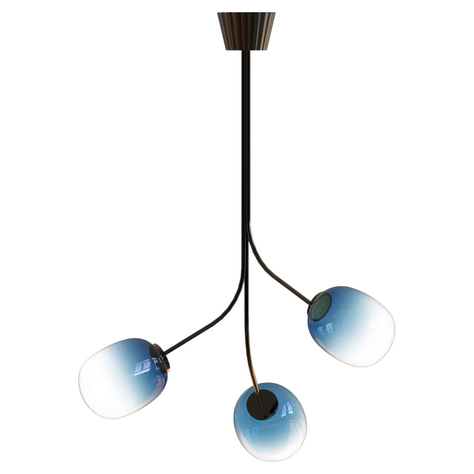 3 Module Blue & Clear Candy Chandelier with Handblown Glass and Powder Coated MS For Sale