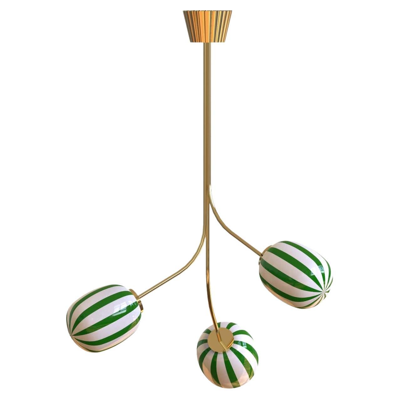 3 Module Green and White Bullseye Chandelier with Hand-blown Glass and Brass For Sale