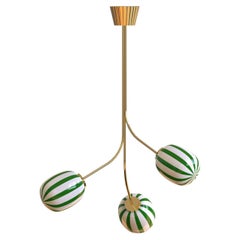 3 Module Green and White Bullseye Chandelier with Hand-blown Glass and Brass