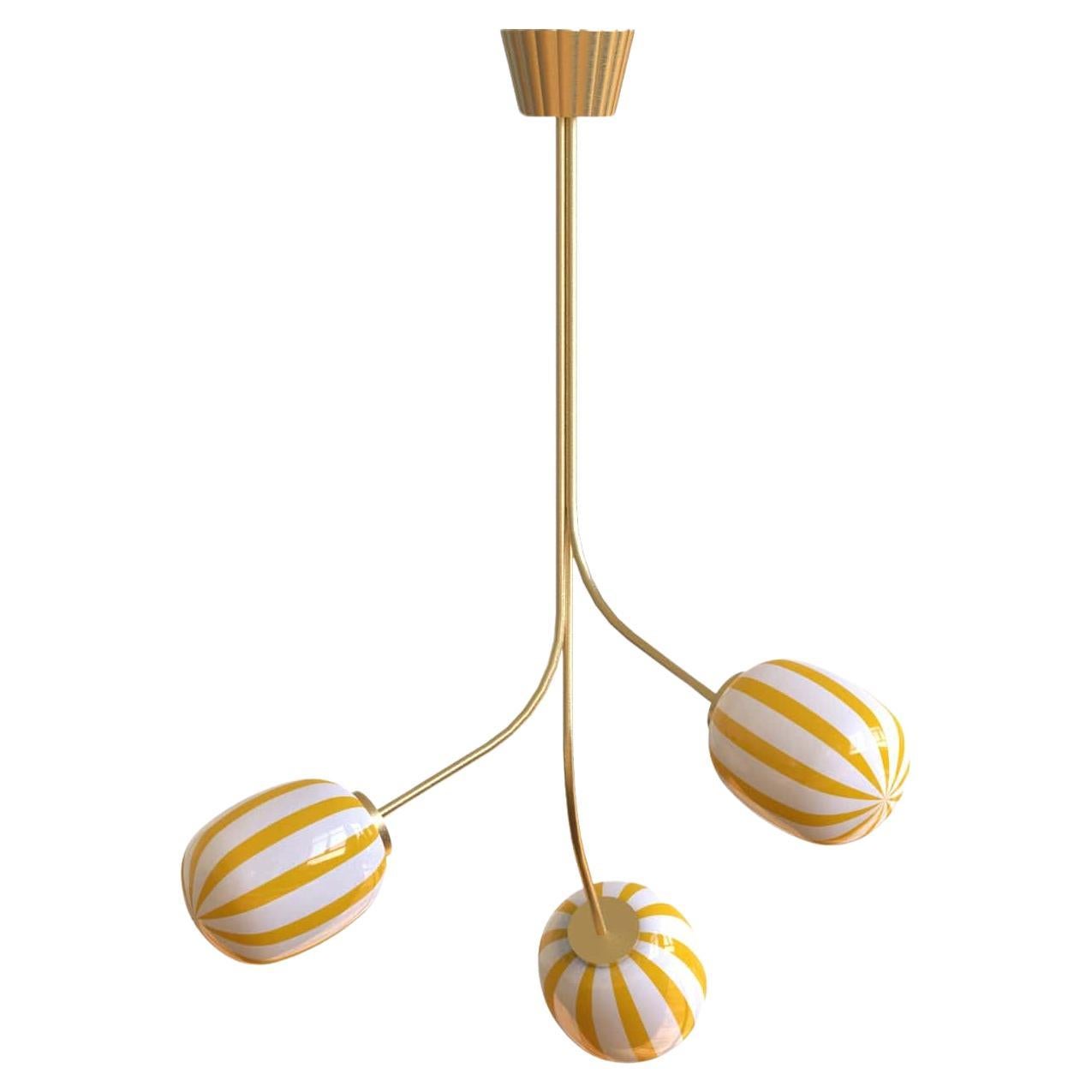 3 Module Yellow and White Bullseye Chandelier with Hand-blown Glass and Brass For Sale