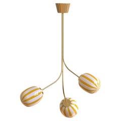 3 Module Yellow and White Bullseye Chandelier with Hand-blown Glass and Brass