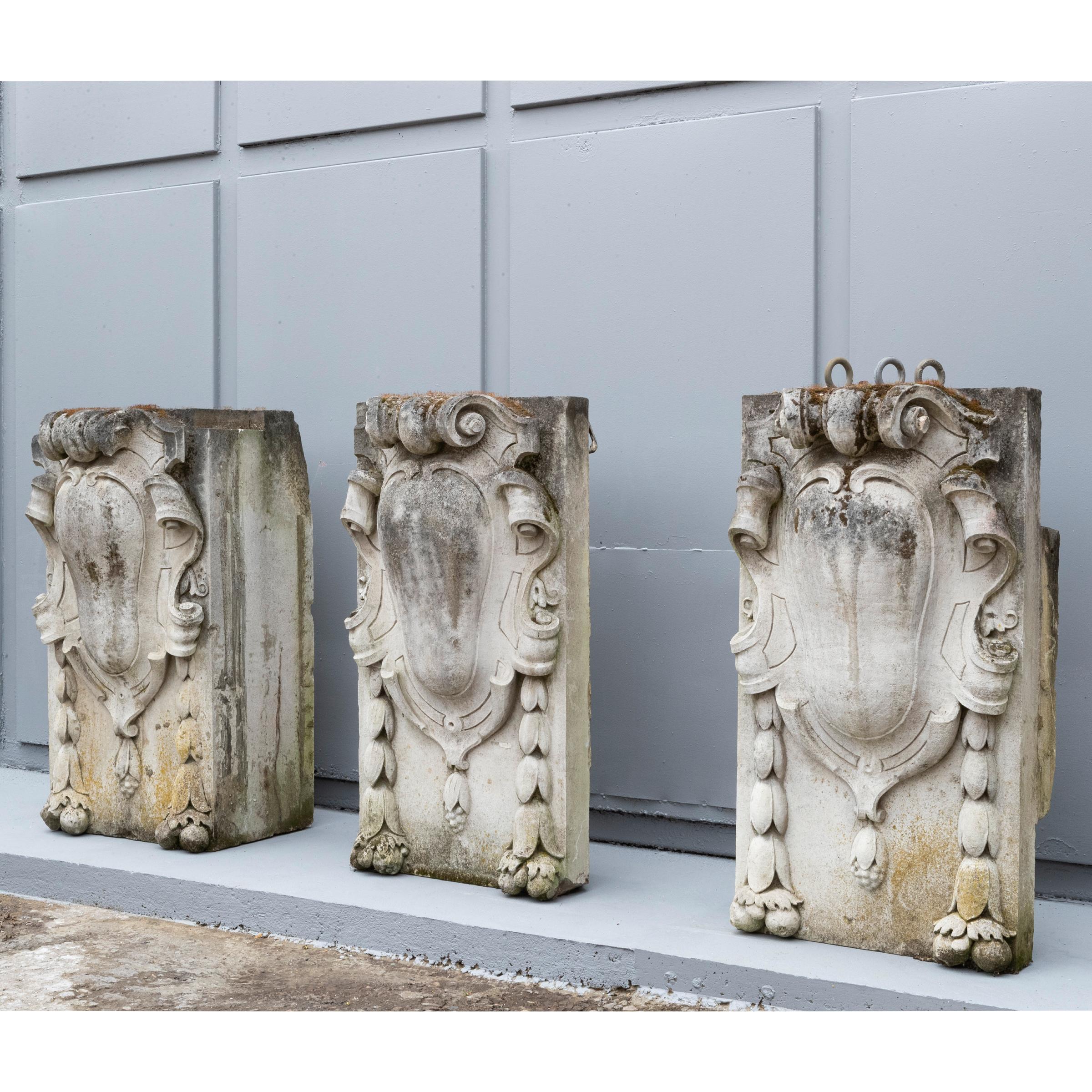 British 3 Monumental Antique Carved Keystones  London Building Facade For Sale
