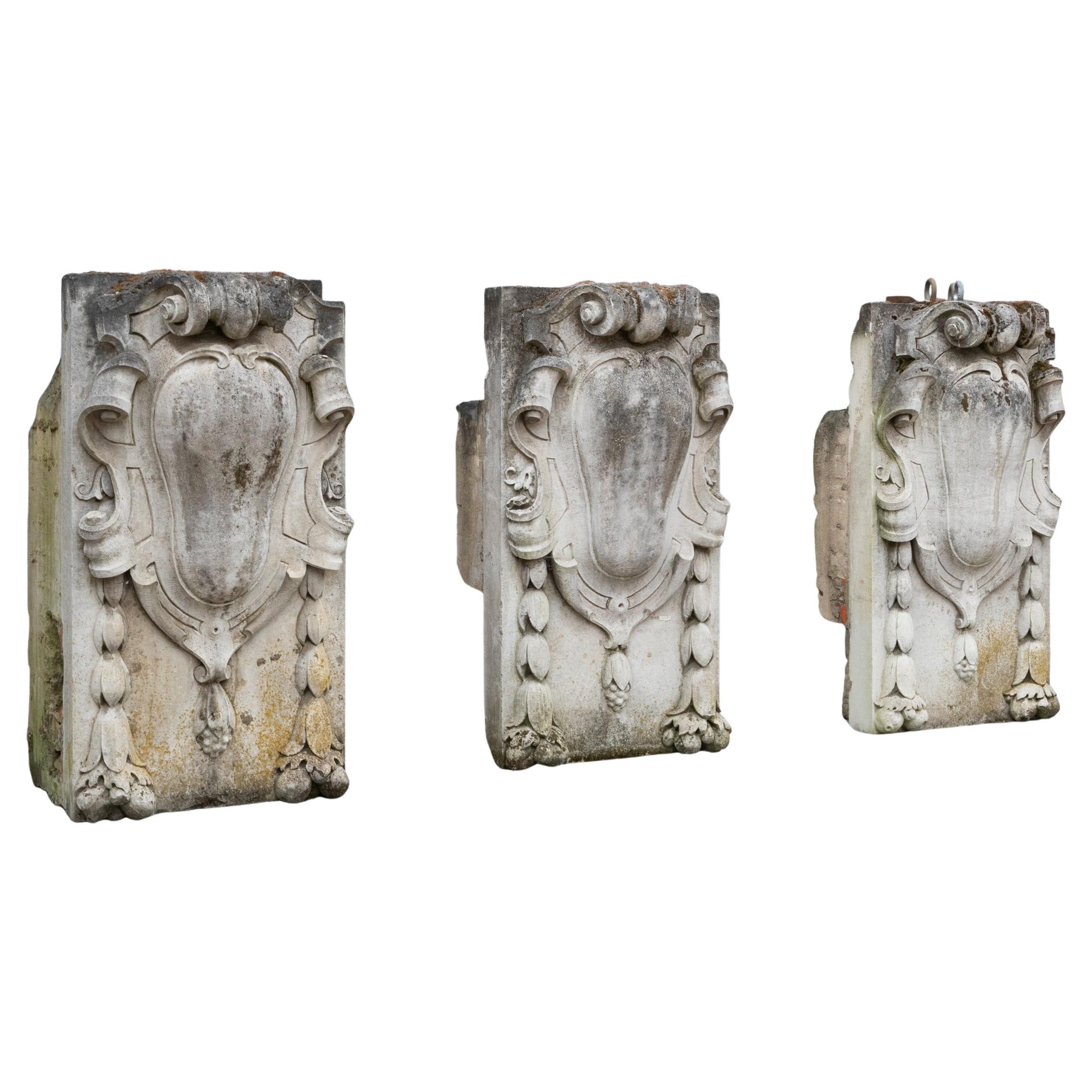 3 Monumental Antique Carved Keystones  London Building Facade For Sale