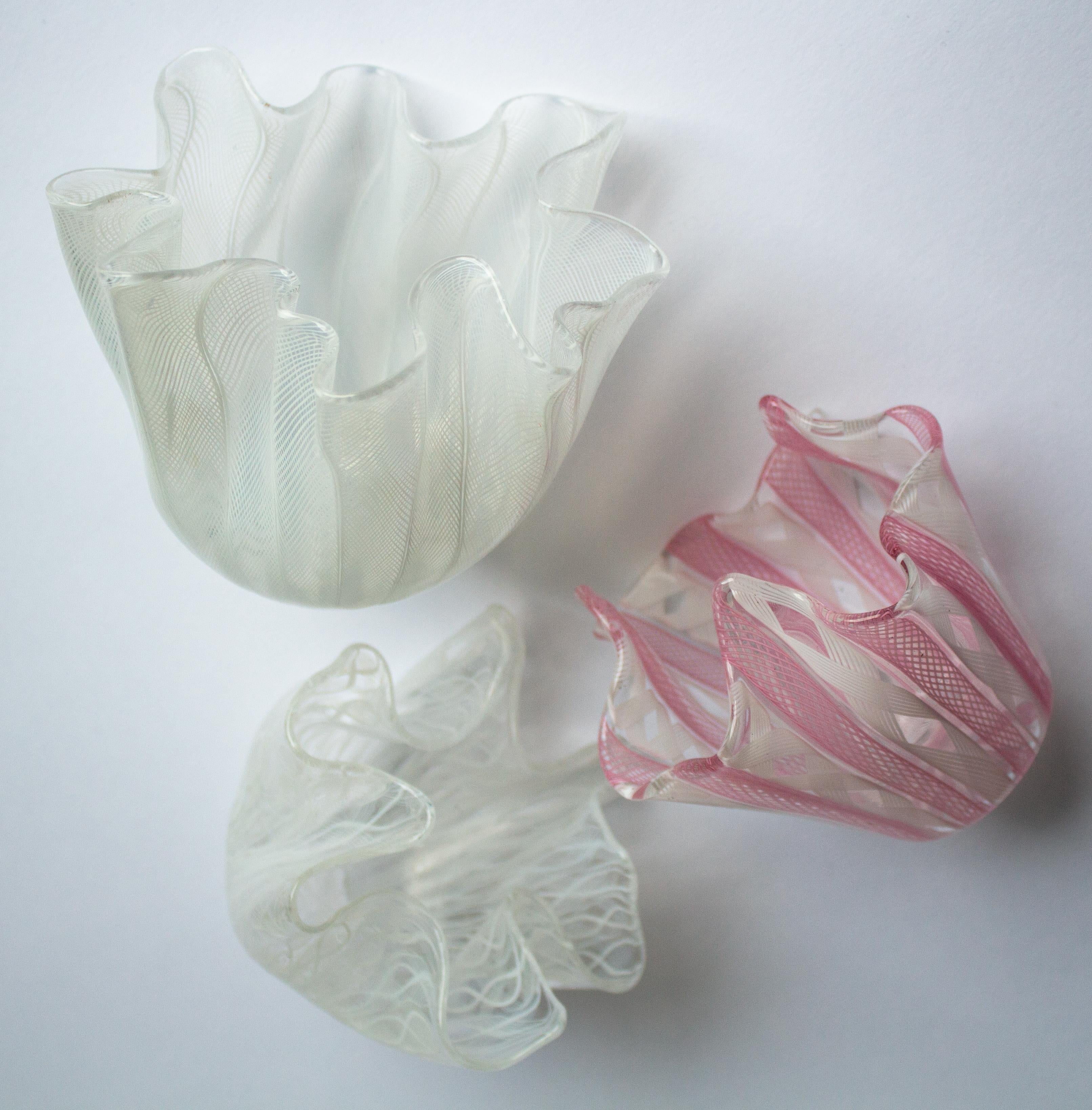 Mid-Century Modern 3 Murano Handkerchief Vases Bowls from Murano, Venini, Italy For Sale