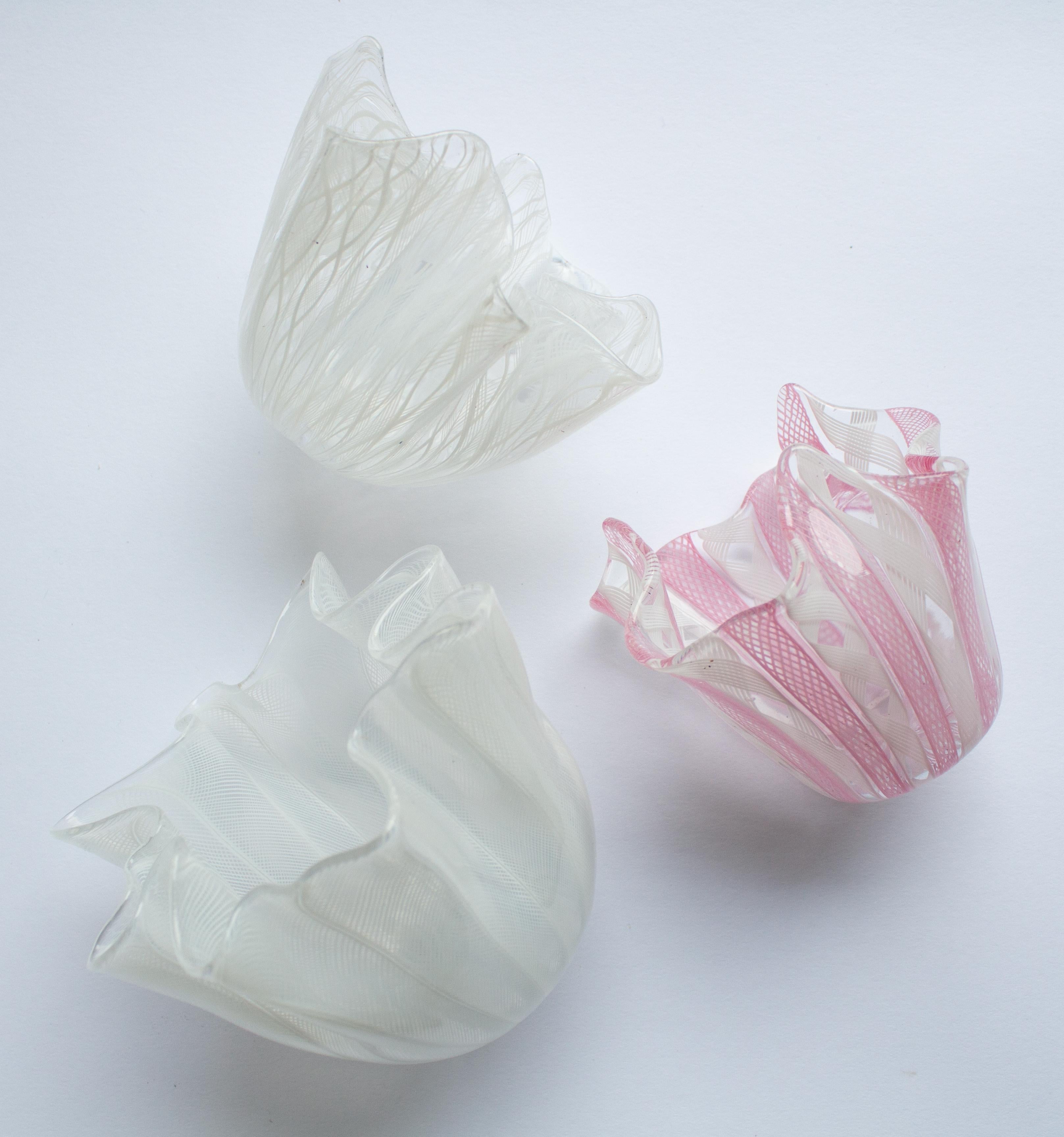 Italian 3 Murano Handkerchief Vases Bowls from Murano, Venini, Italy For Sale