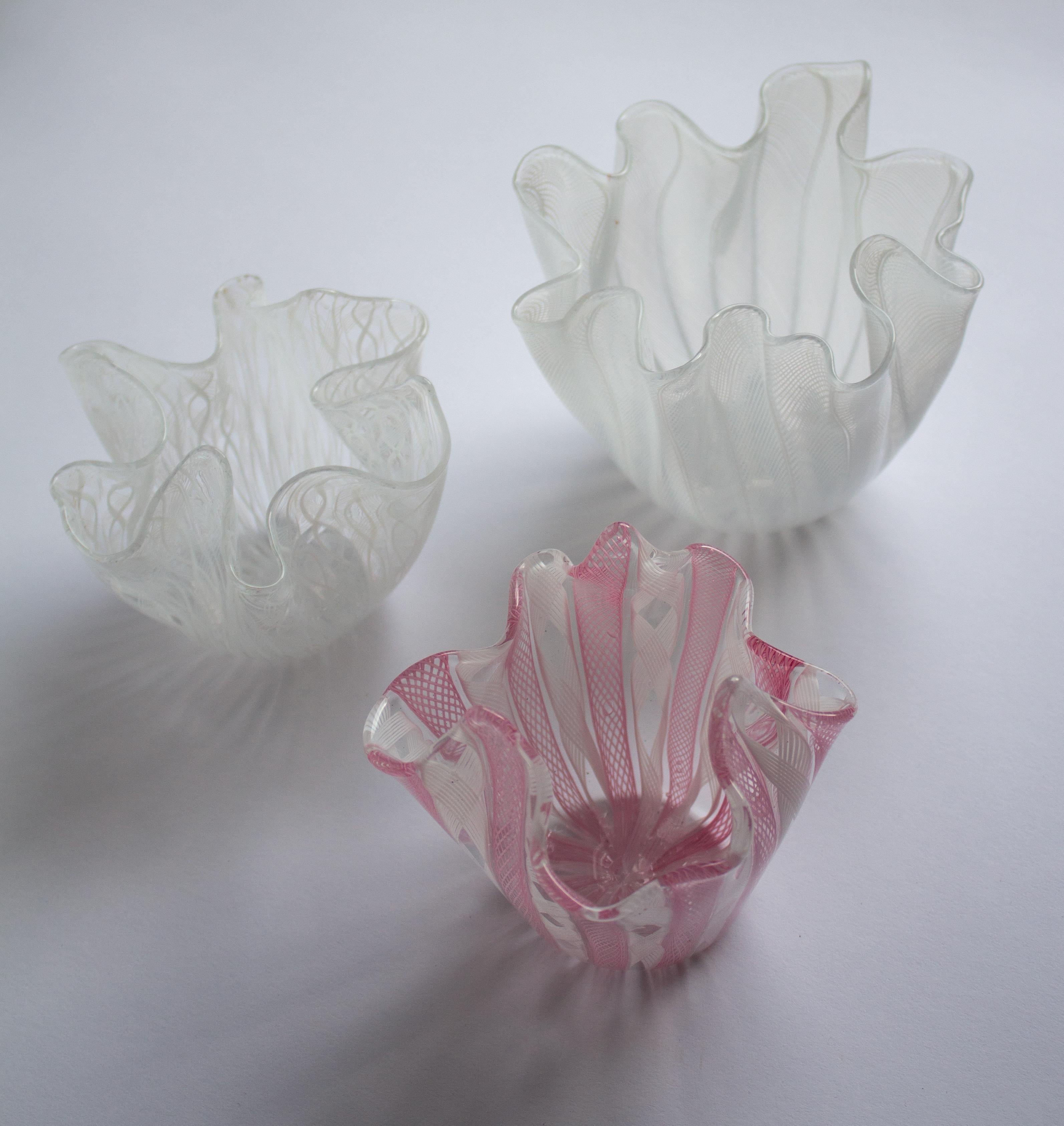 Hand-Crafted 3 Murano Handkerchief Vases Bowls from Murano, Venini, Italy For Sale