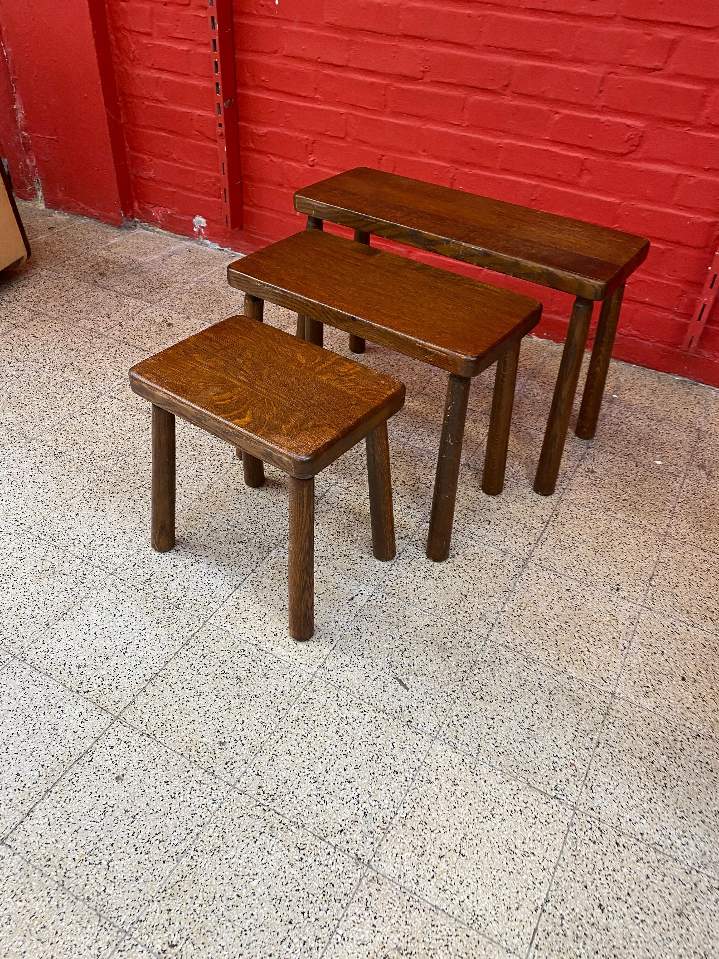French 3 Neo Rustic Nesting Tables in Oak, circa 1950 For Sale