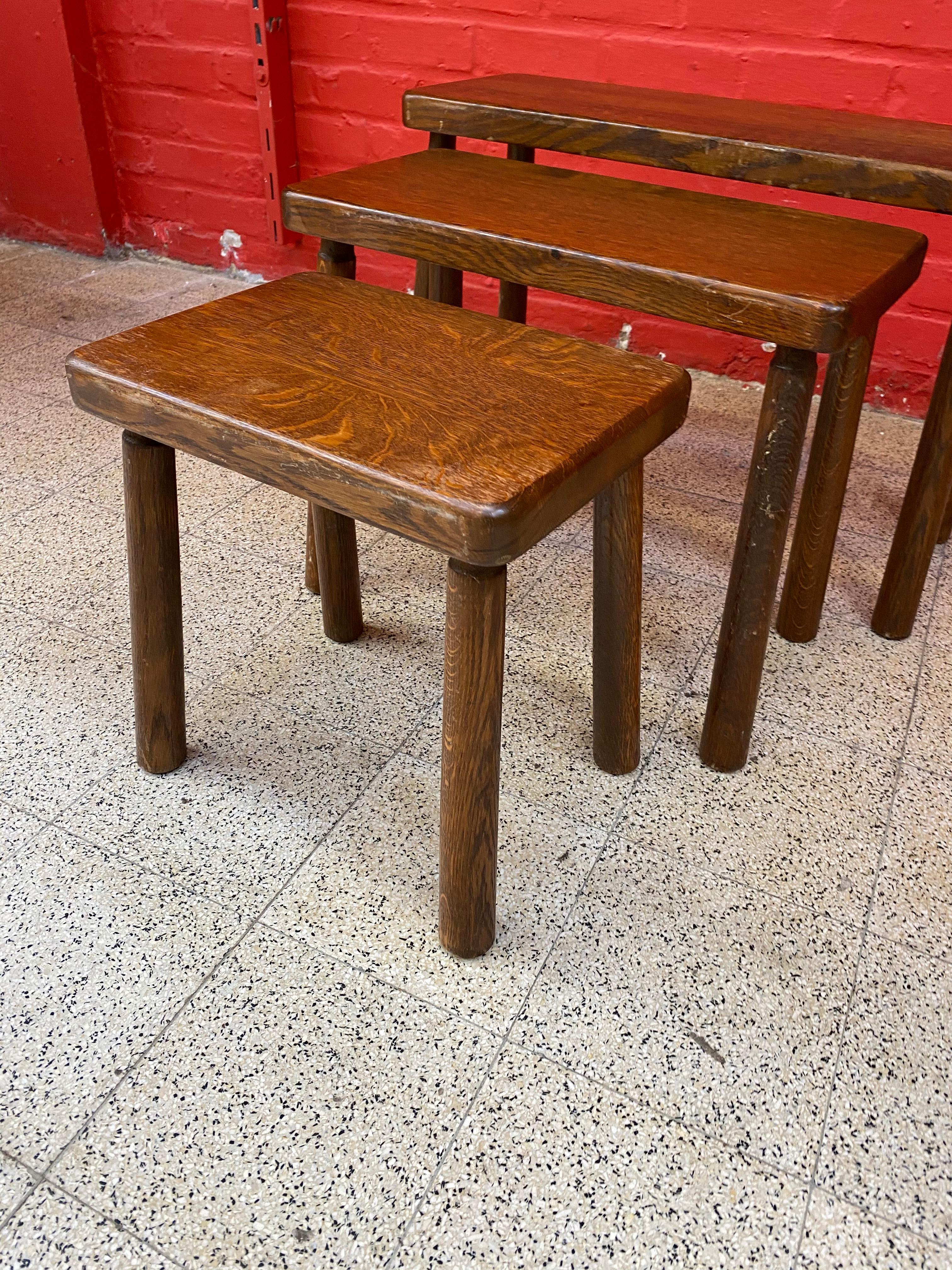 Mid-20th Century 3 Neo Rustic Nesting Tables in Oak, circa 1950 For Sale