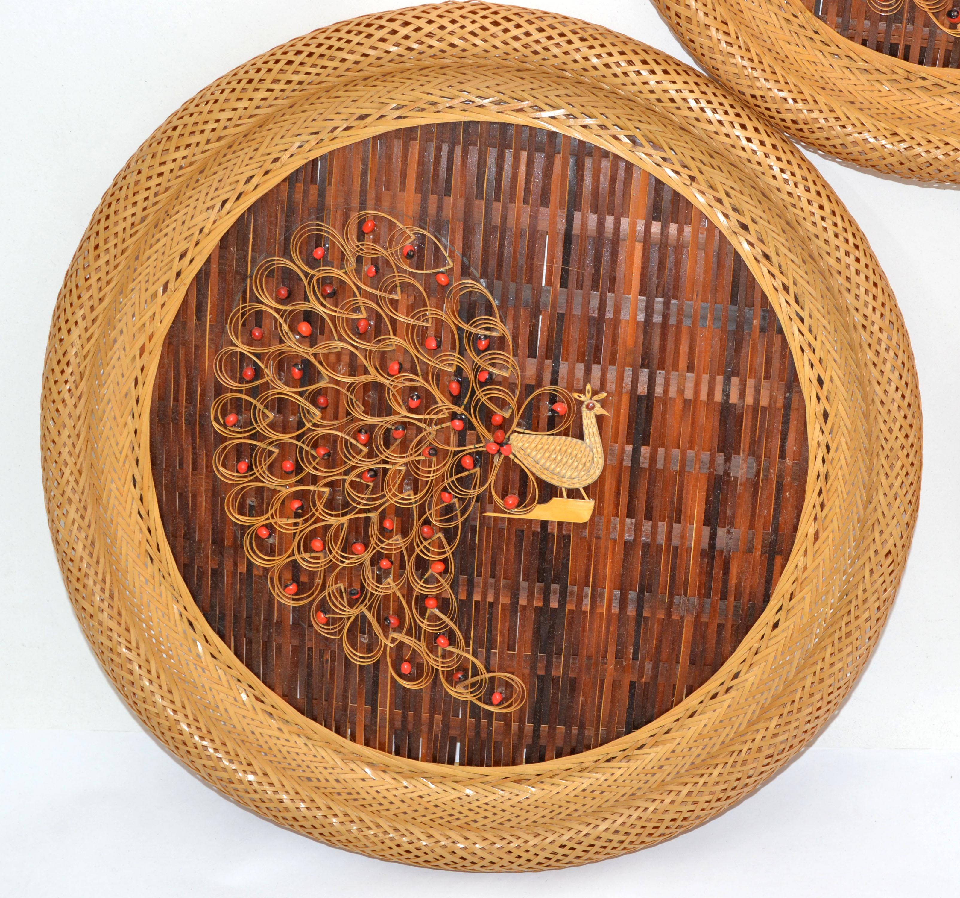 20th Century 3 Nesting Decorative Handcrafted Cane & Rattan Beaded Wall Plates Peacock Motif For Sale
