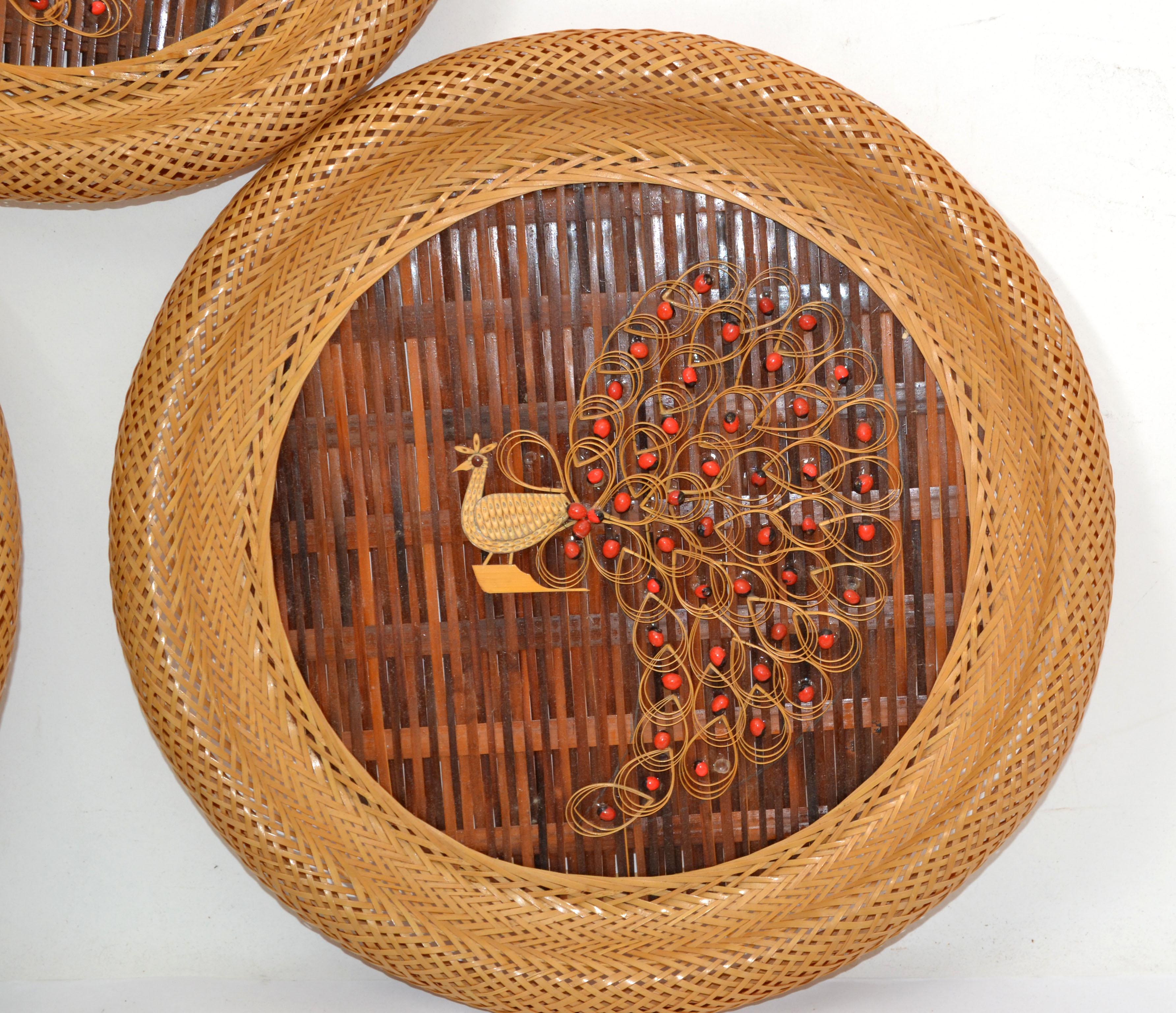3 Nesting Decorative Handcrafted Cane & Rattan Beaded Wall Plates Peacock Motif For Sale 1