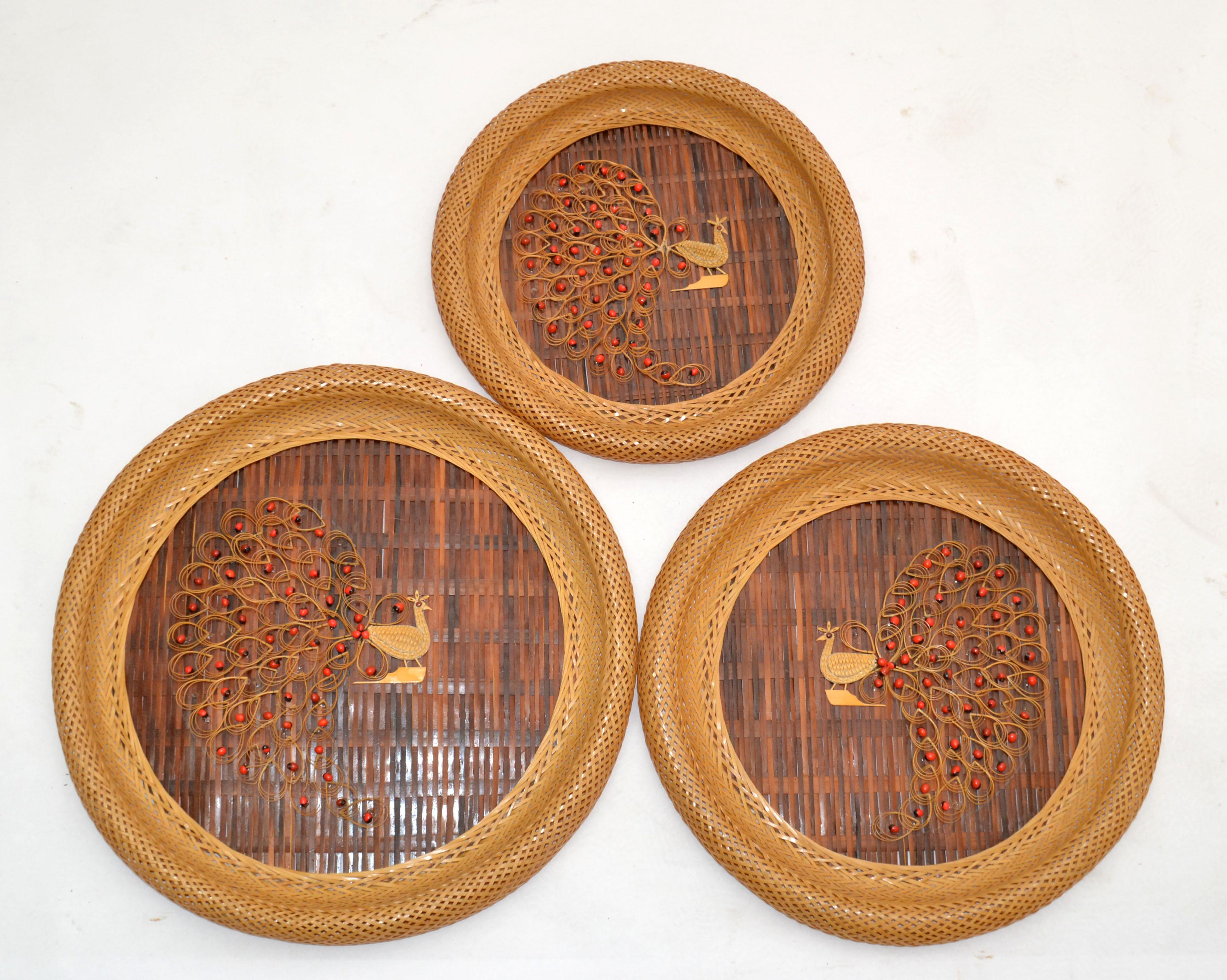 3 Nesting Decorative Handcrafted Cane & Rattan Beaded Wall Plates Peacock Motif For Sale 4