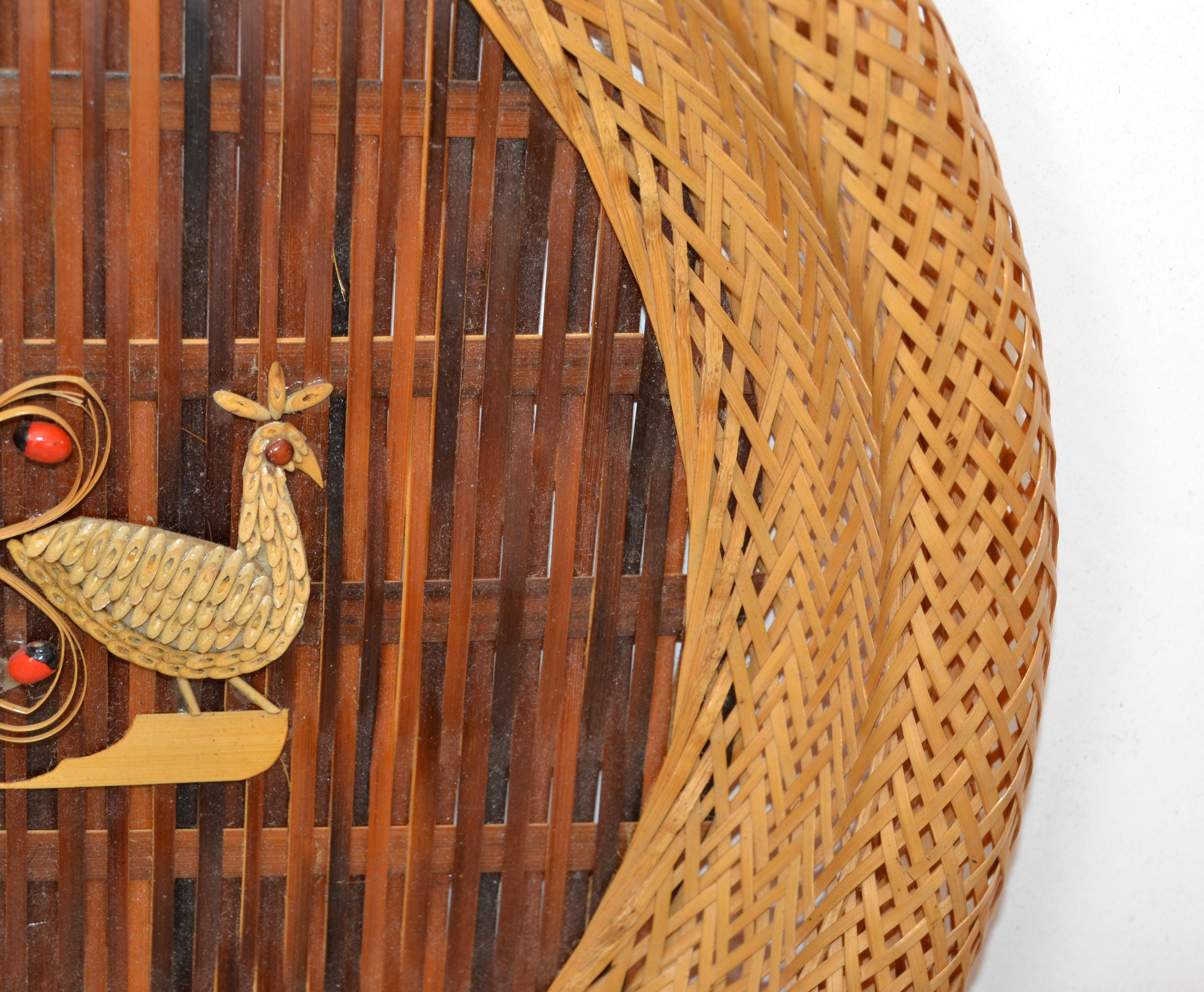 Folk Art 3 Nesting Decorative Handcrafted Cane & Rattan Beaded Wall Plates Peacock Motif For Sale