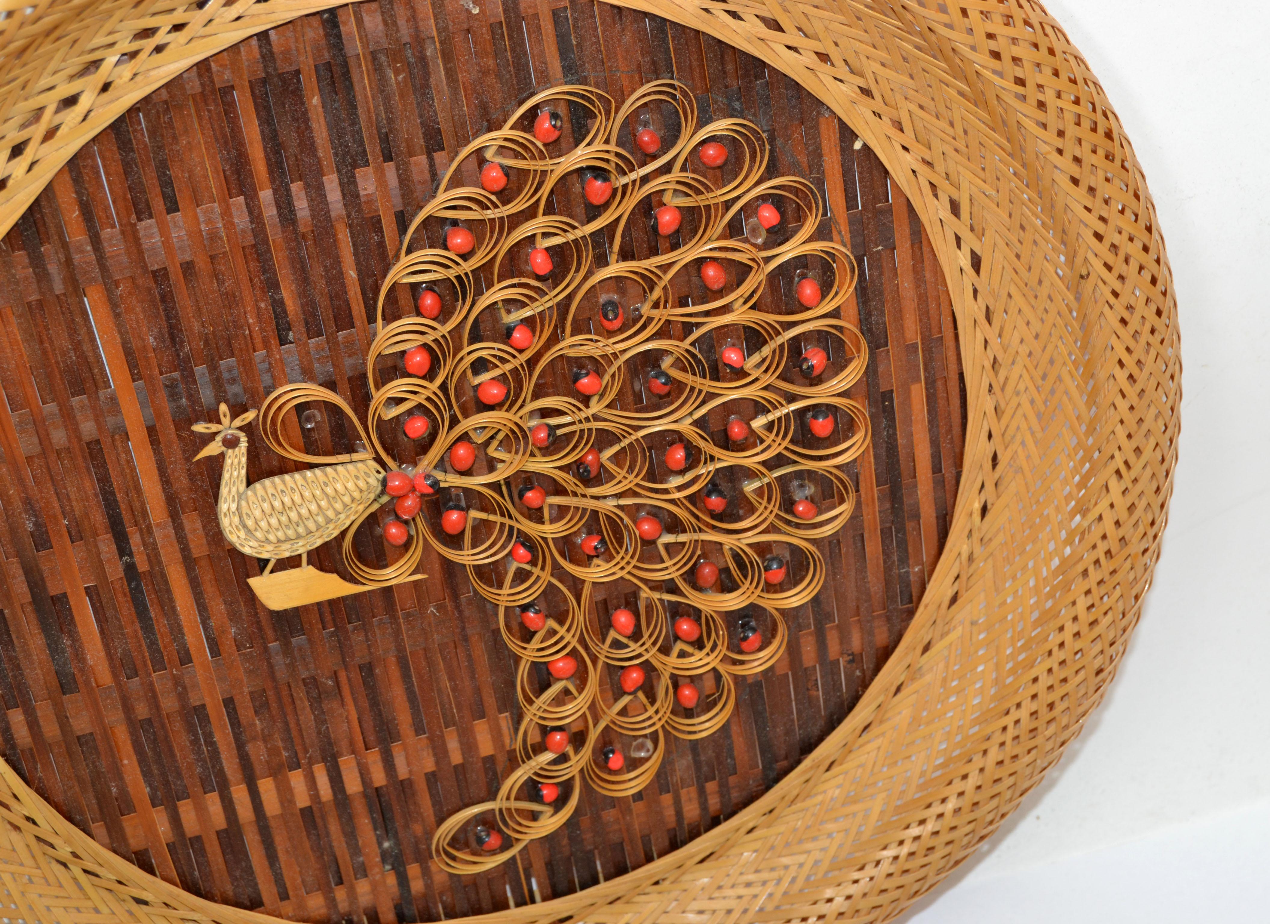 American 3 Nesting Decorative Handcrafted Cane & Rattan Beaded Wall Plates Peacock Motif For Sale
