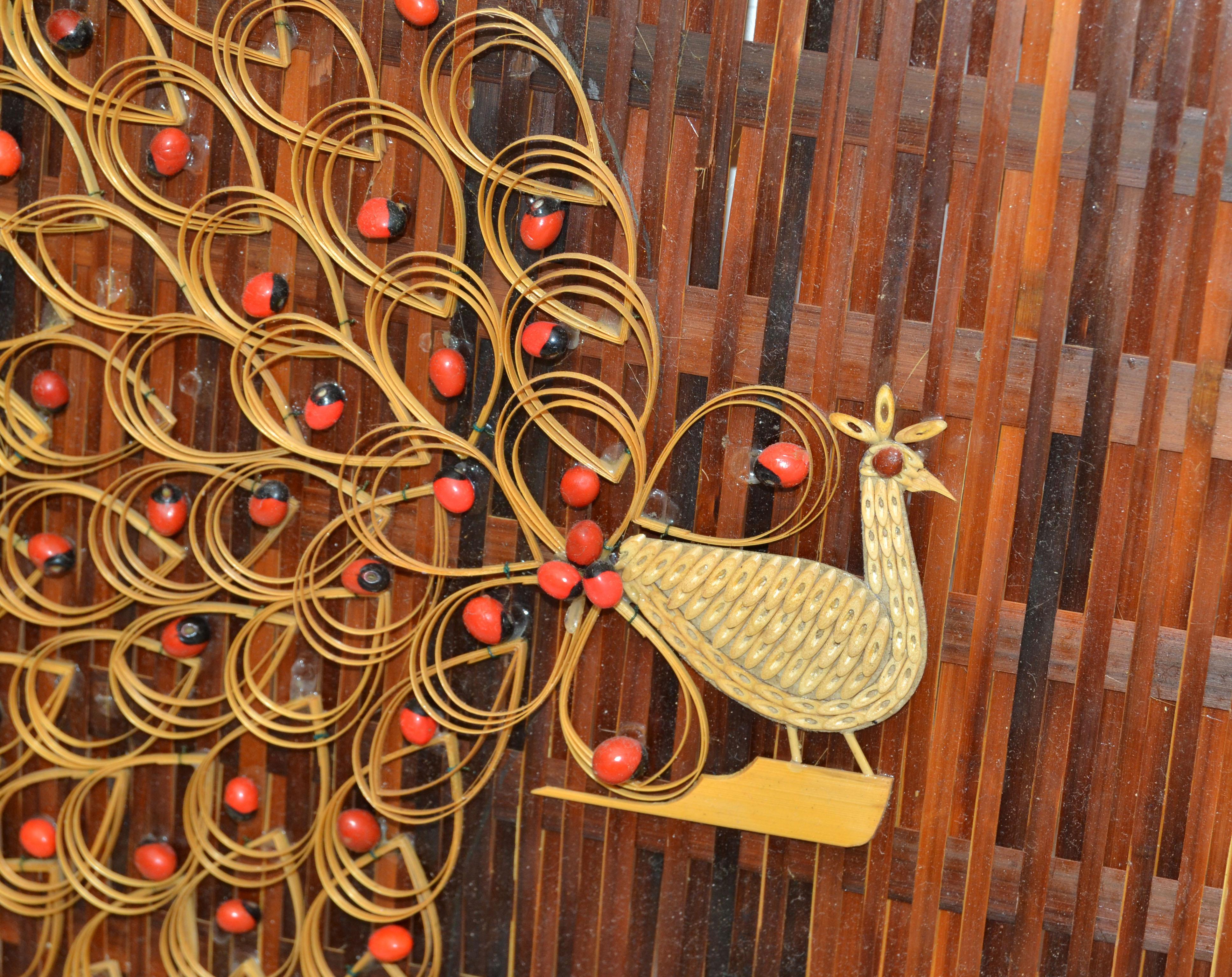 Hand-Woven 3 Nesting Decorative Handcrafted Cane & Rattan Beaded Wall Plates Peacock Motif For Sale