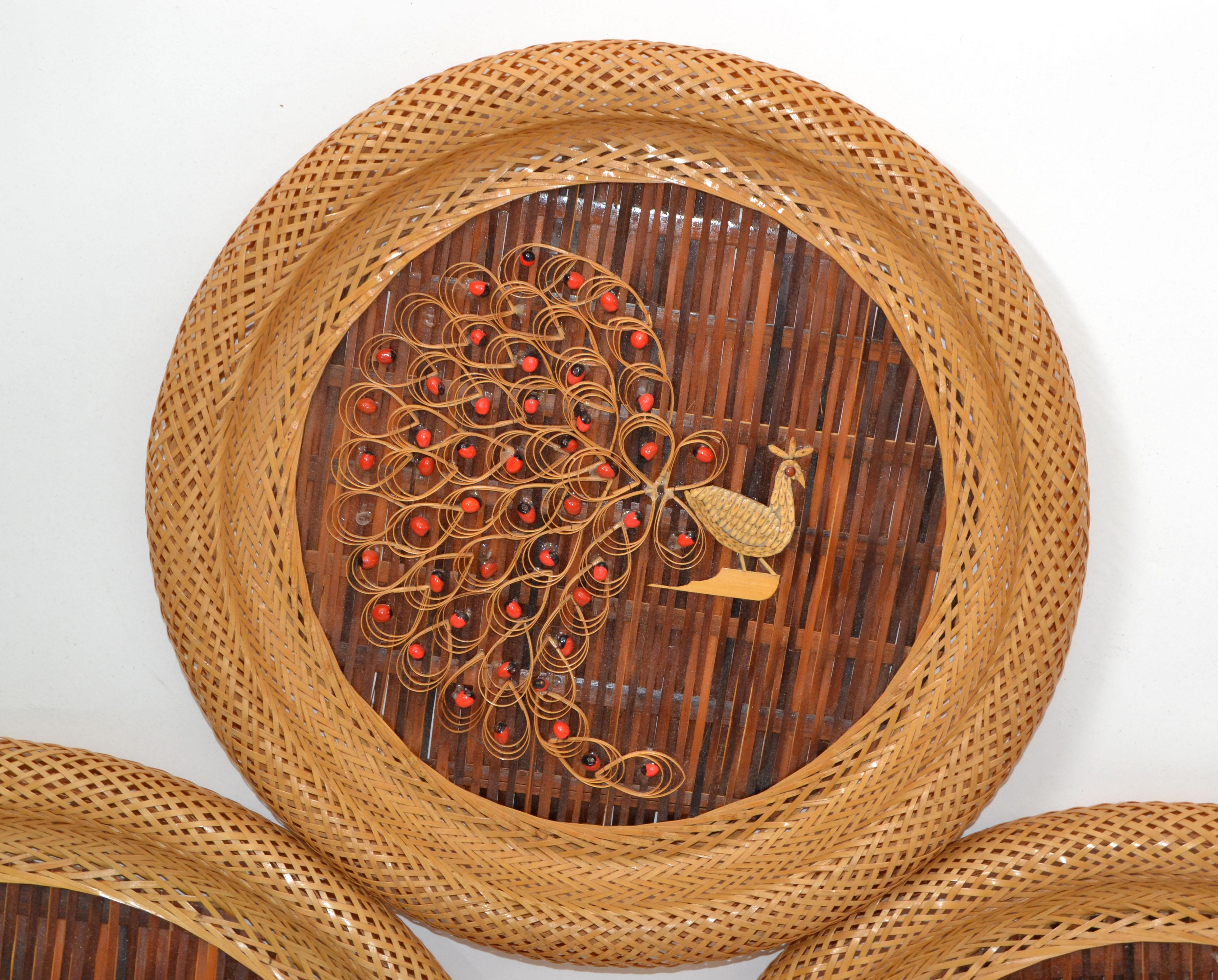 3 Nesting Decorative Handcrafted Cane & Rattan Beaded Wall Plates Peacock Motif In Good Condition For Sale In Miami, FL