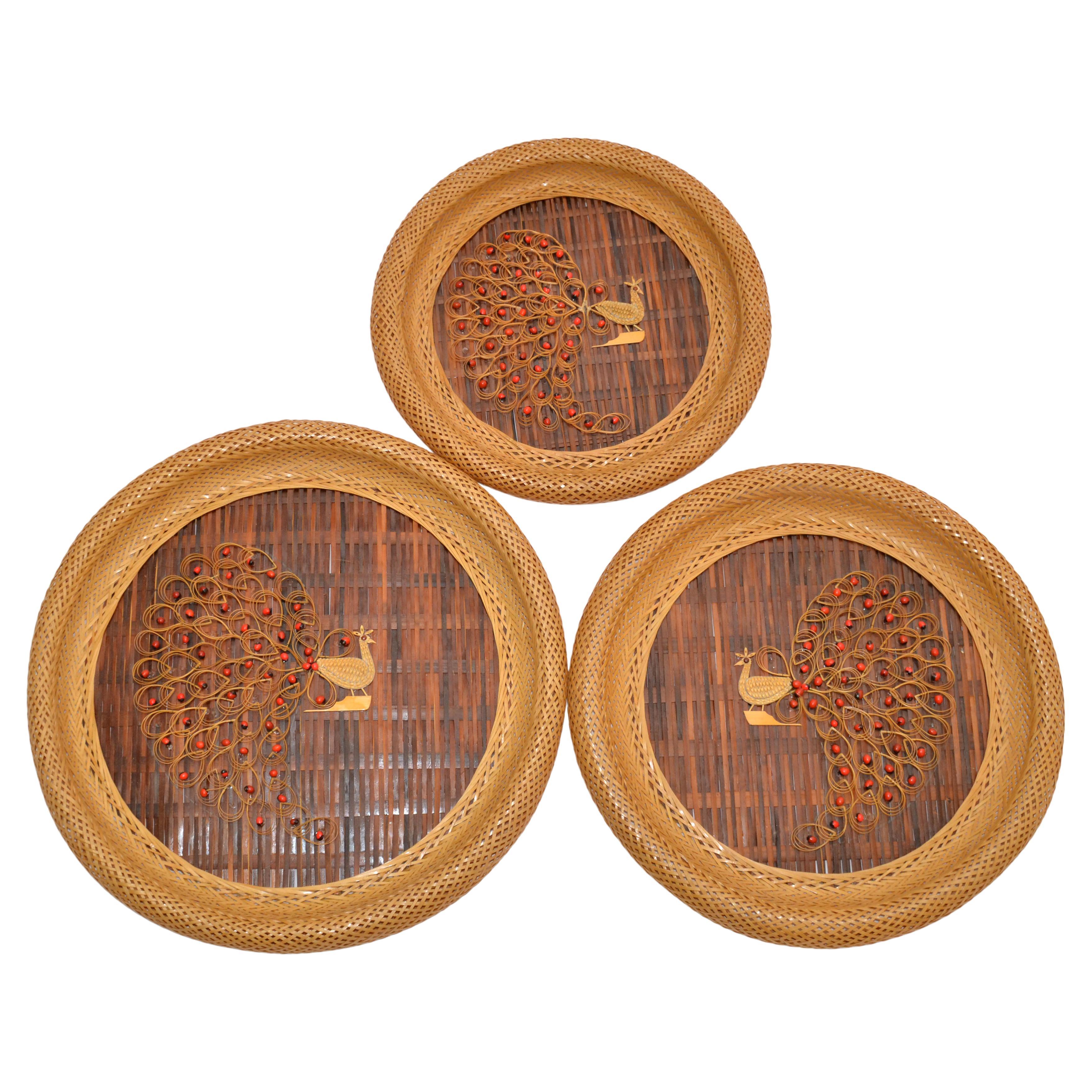 3 Nesting Decorative Handcrafted Cane & Rattan Beaded Wall Plates Peacock Motif