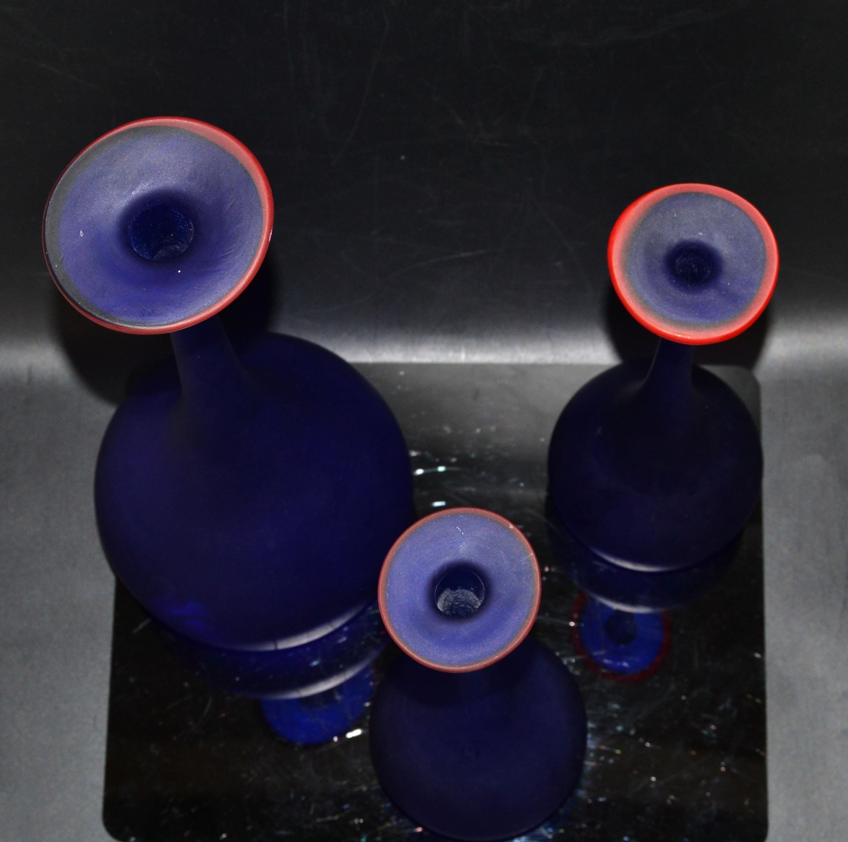 Blown Glass 3 Nesting Vases Moretti Style Translucent Blue & Red Satin Glass Bud Vases Italy For Sale