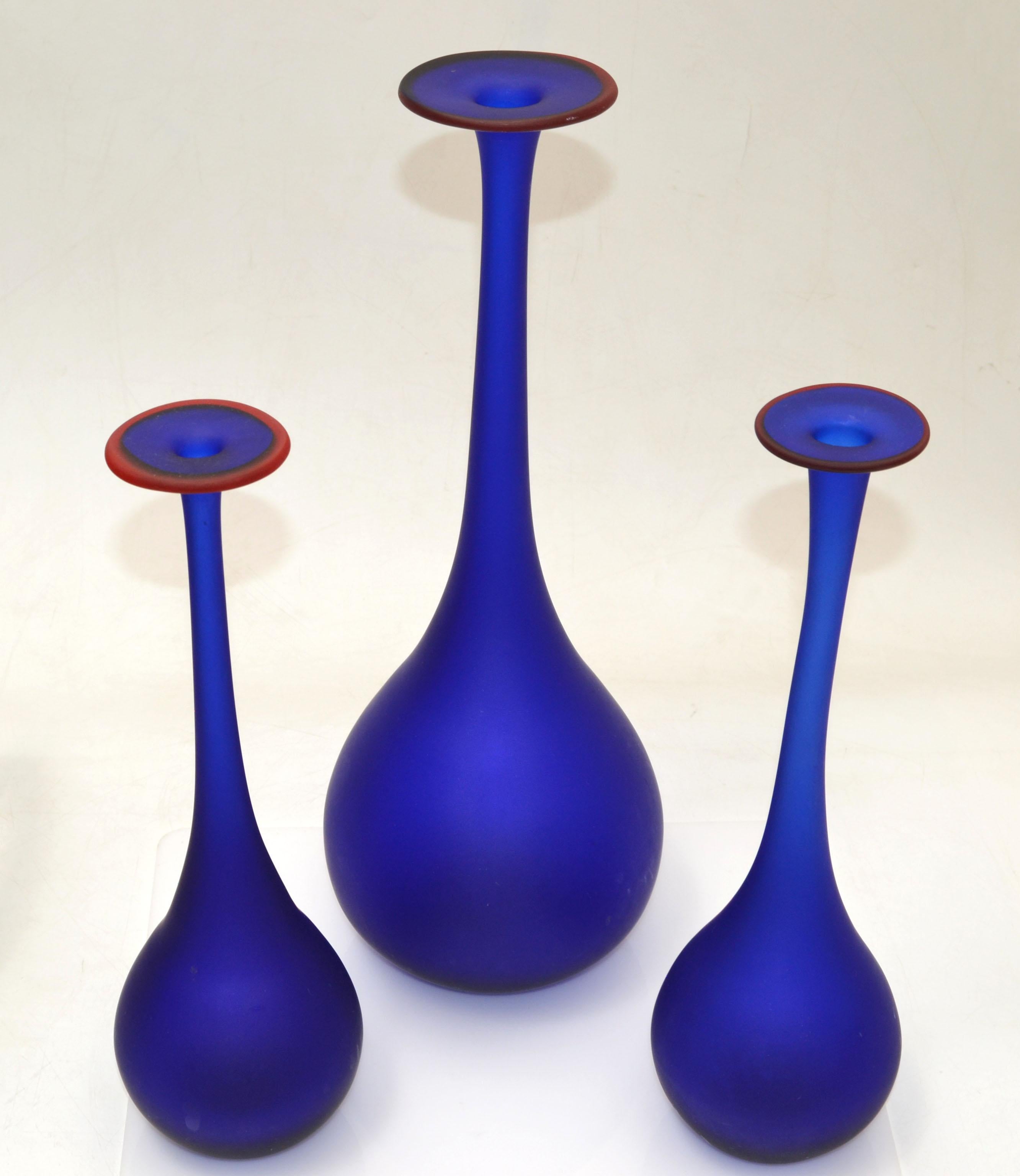 3 Nesting Vases Moretti Style Translucent Blue & Red Satin Glass Bud Vases Italy For Sale 3