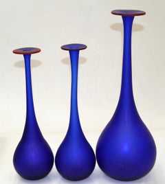 3 Nesting Vases Moretti Style Translucent Blue & Red Satin Glass Bud Vases Italy