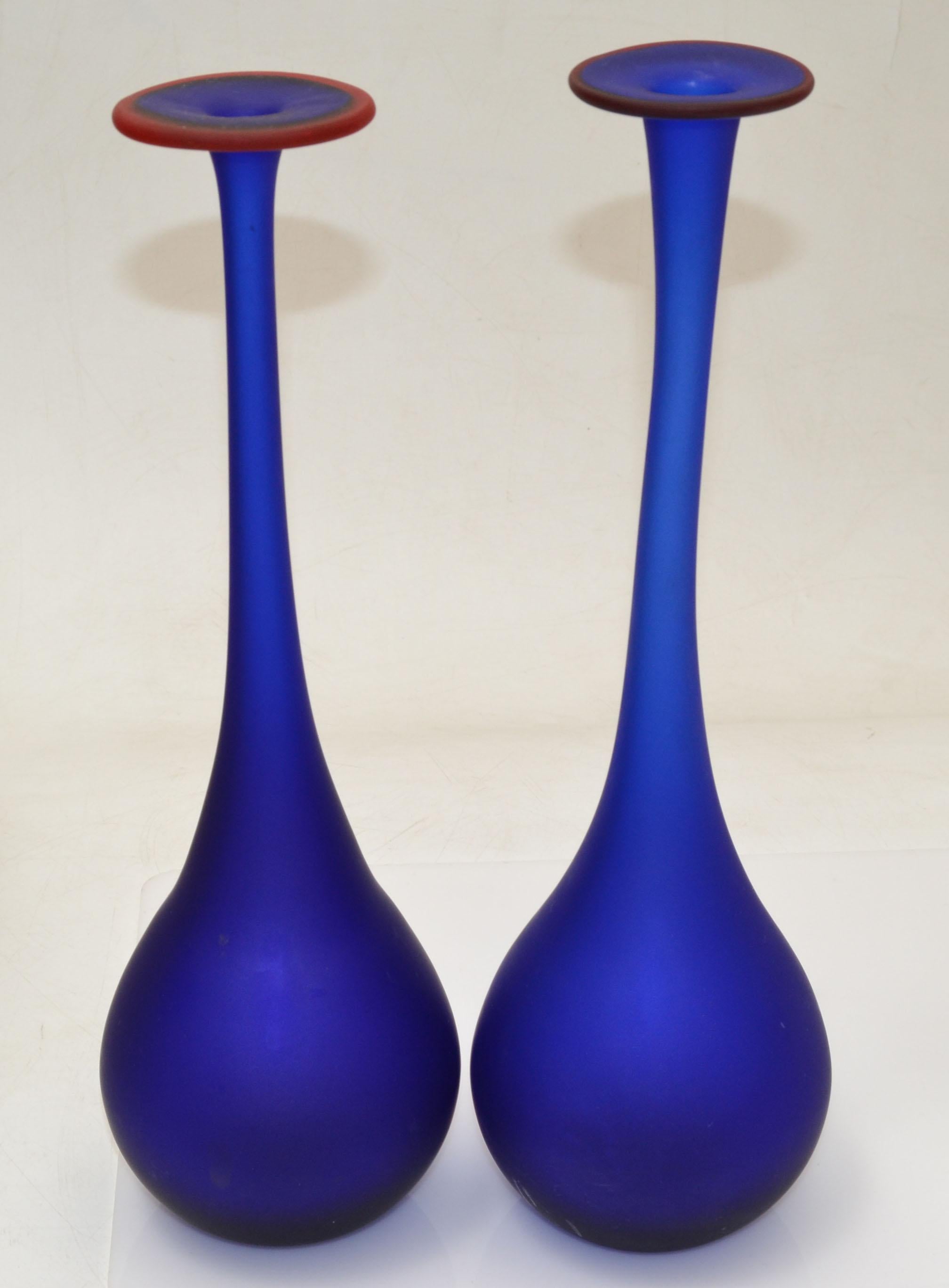 Mid-Century Modern 3 Nesting Vases Moretti Style Translucent Blue & Red Satin Glass Bud Vases Italy For Sale