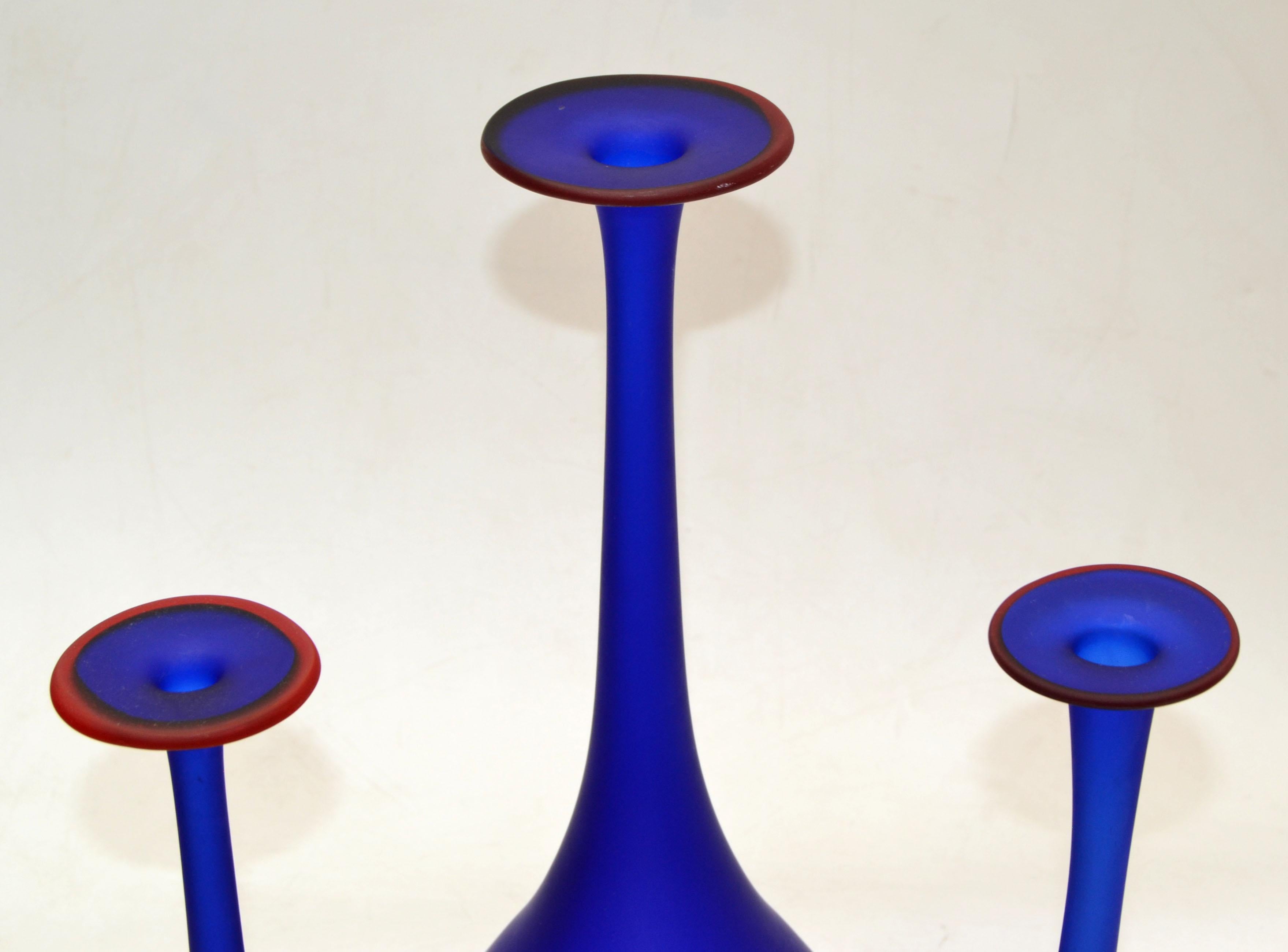 Italian 3 Nesting Vases Moretti Style Translucent Blue & Red Satin Glass Bud Vases Italy For Sale