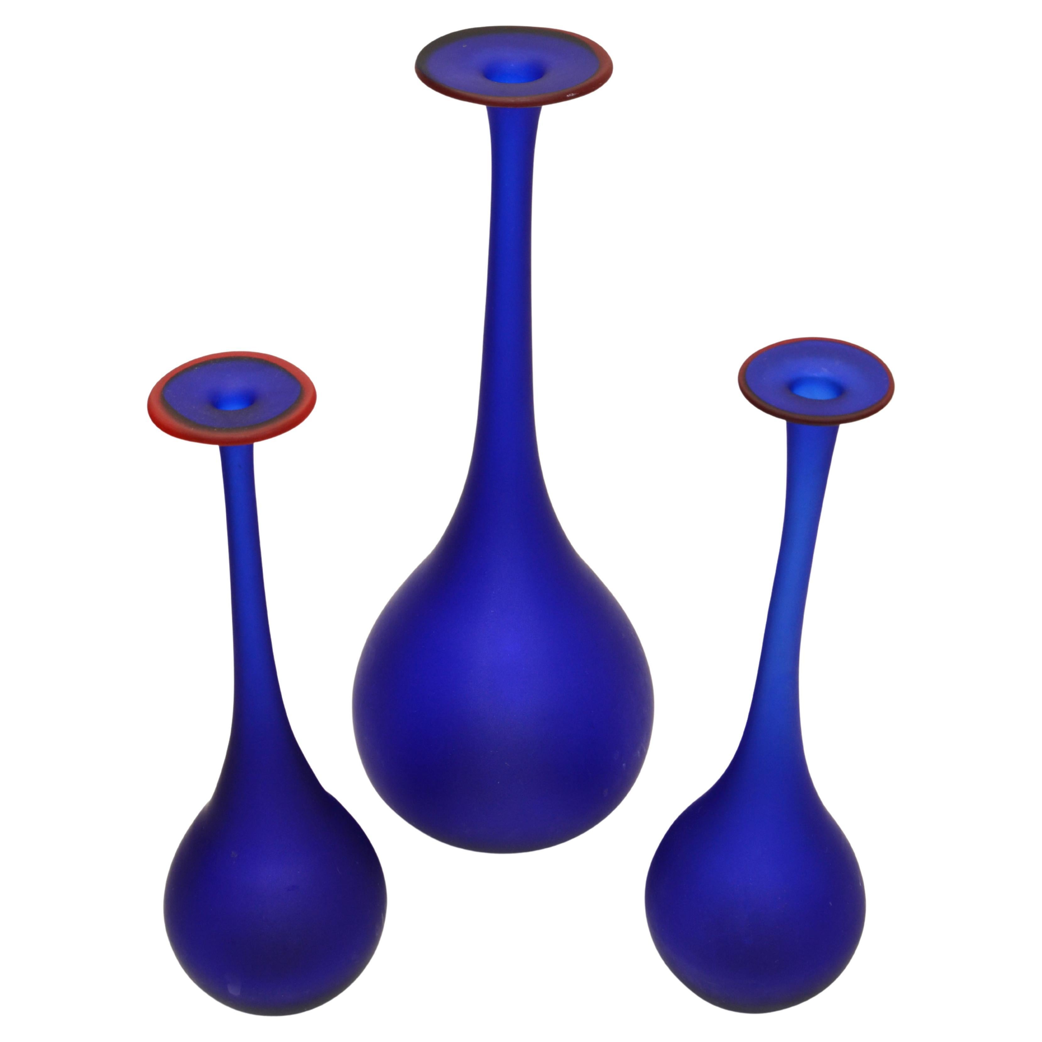 3 Nesting Vases Moretti Style Translucent Blue & Red Satin Glass Bud Vases Italy For Sale