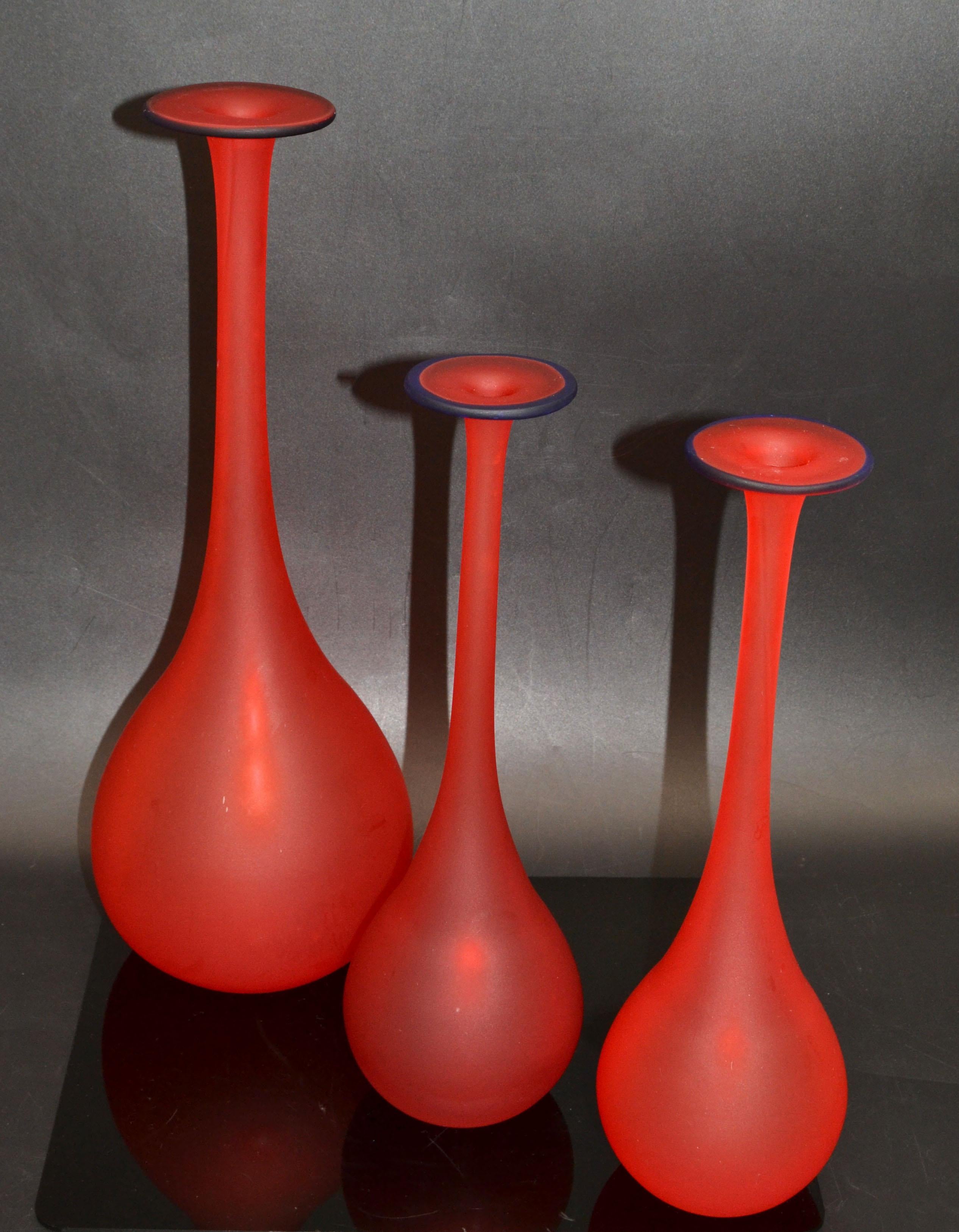 3 Nesting Vases Moretti Style Translucent Red & Blue Satin Glass Bud Vases Italy For Sale 3