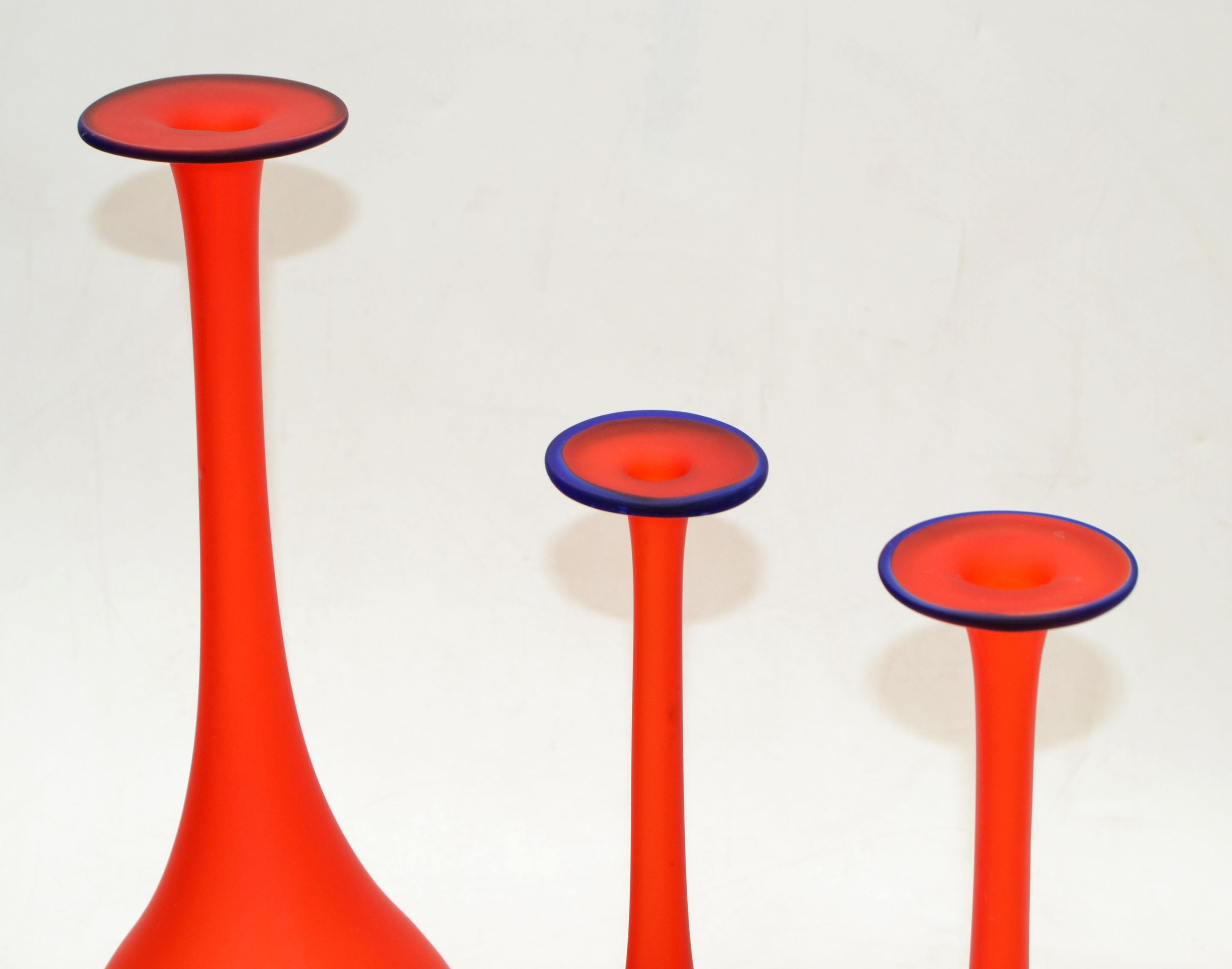 Italian 3 Nesting Vases Moretti Style Translucent Red & Blue Satin Glass Bud Vases Italy For Sale