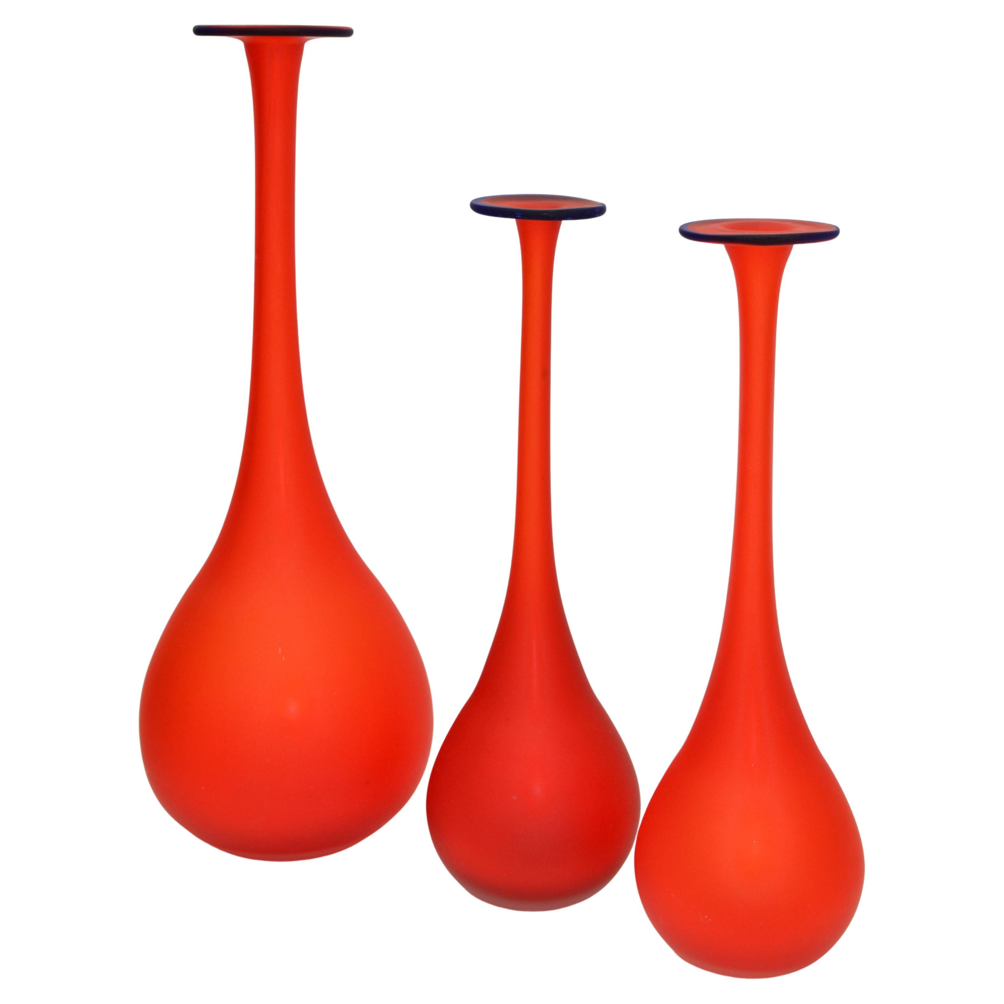 3 Nesting Vases Moretti Style Translucent Red & Blue Satin Glass Bud Vases Italy For Sale
