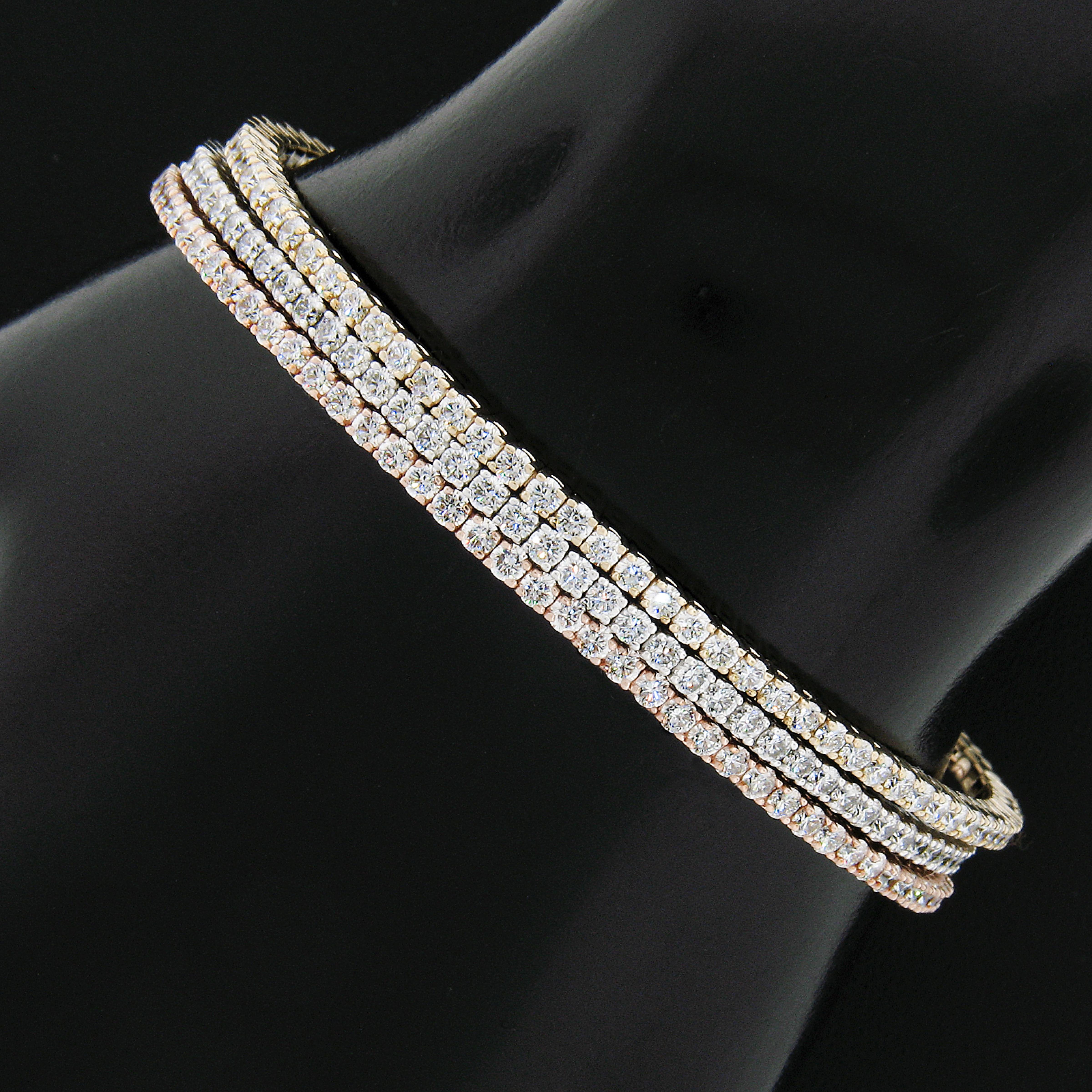 Nous vous présentons trois magnifiques bracelets semi-flexibles nouvellement fabriqués en or massif 14 carats rose, jaune et blanc, chacun d'entre eux étant orné de diamants de très belle qualité soigneusement sertis sur sa partie supérieure. Ces