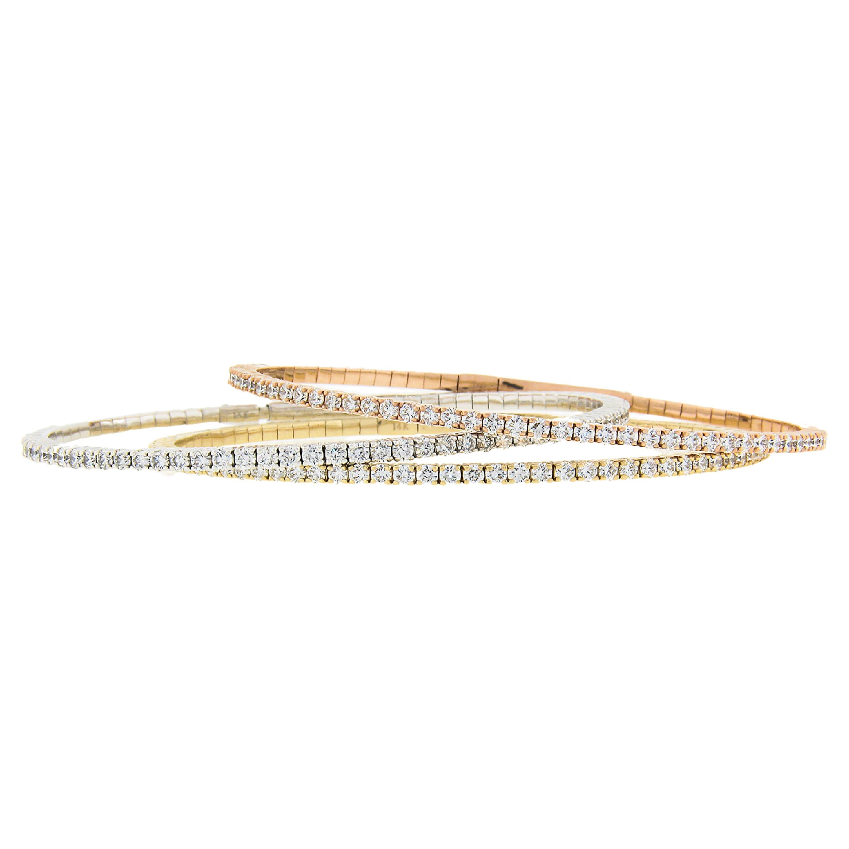 '3' New 14k Rose Yellow White Gold Diamond Flexible Stack Bangle Bracelets For Sale