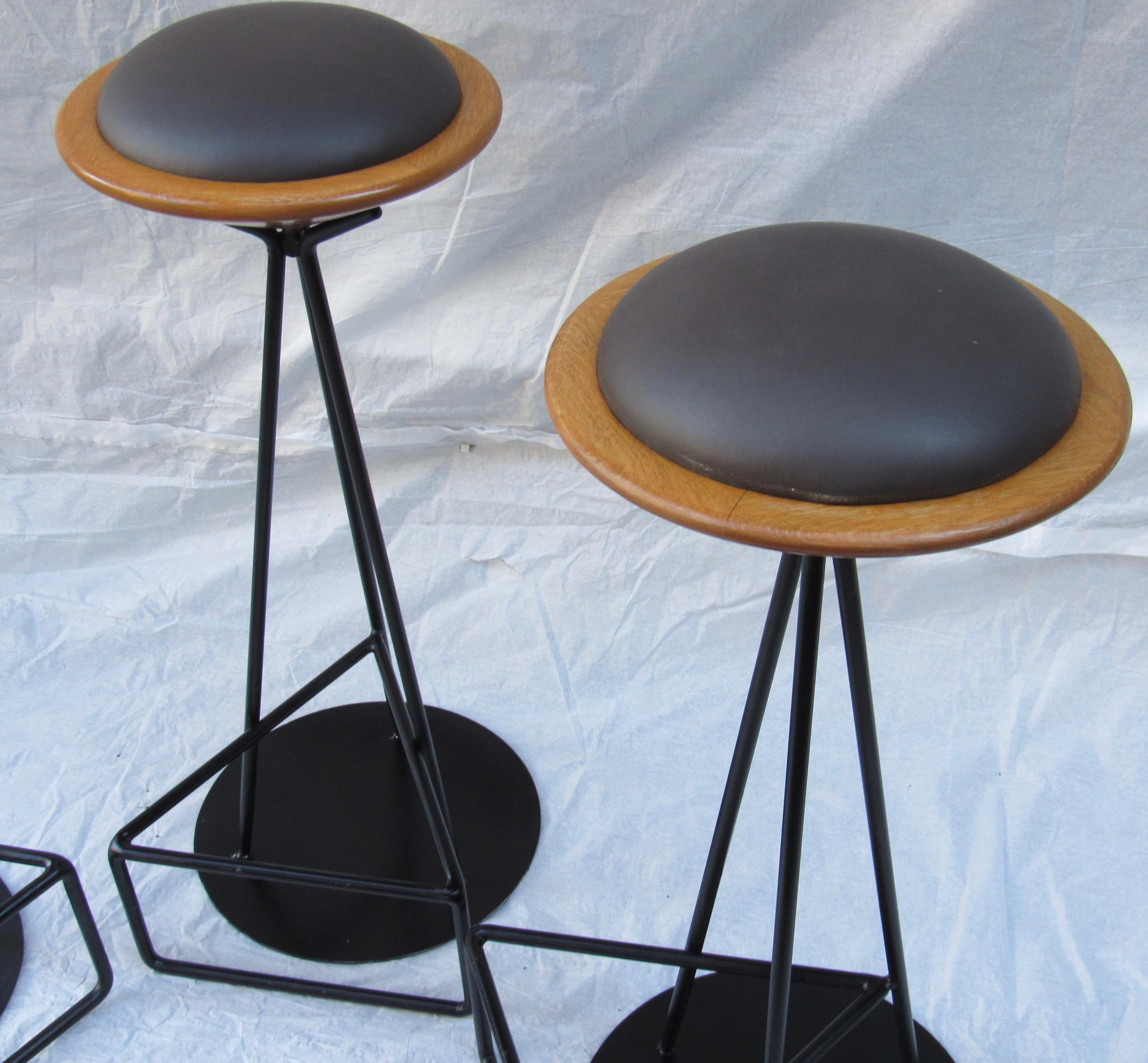 Mid-Century Modern 3 Oak and Wrought Iron Bar Stools Palm Springs California, 1960s